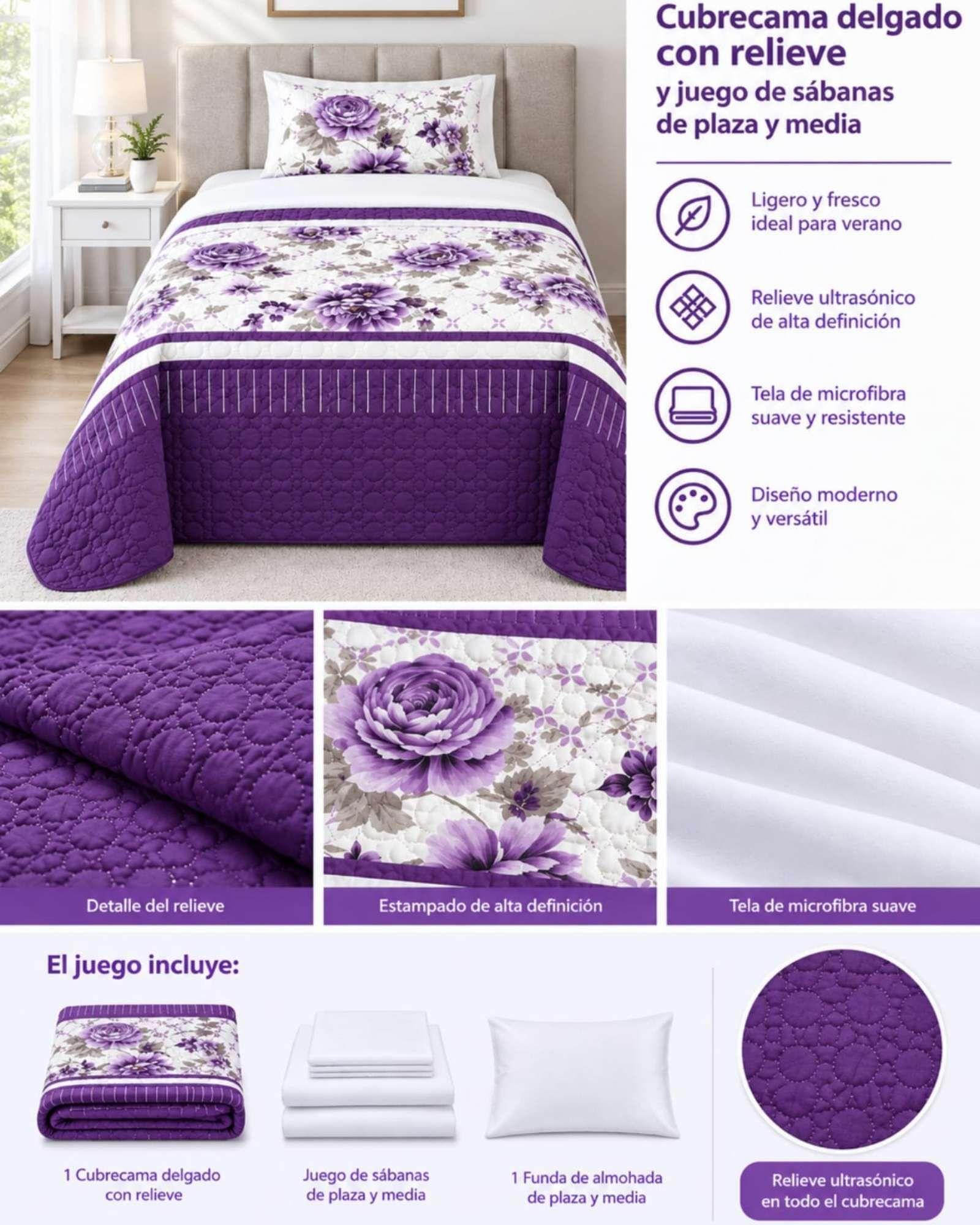 Juego Cubrecama Quilt Verano 1.5 Plazas + Juego De Sábanas 08-4
