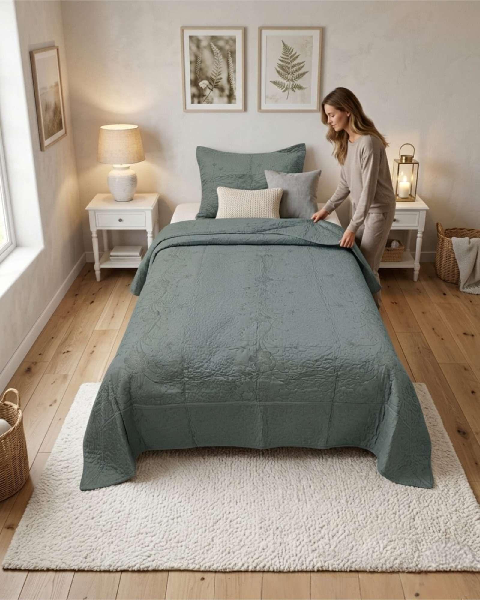 Cubrecama Quilt Verano Plaza y Media Bordado Floral Set Colcha Delgado a4-4