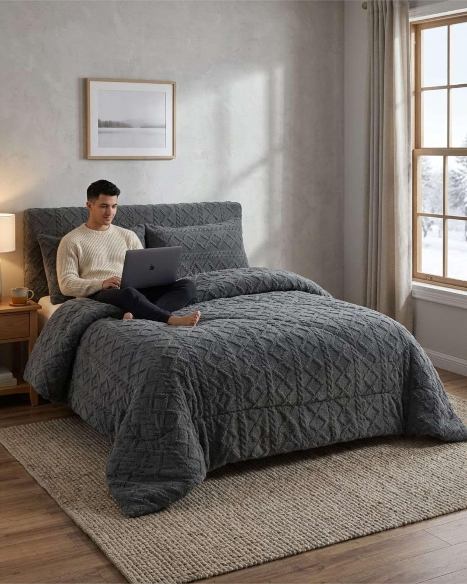 Plumón Térmico Trenzas de Terciopelo 2 plazas gris-4