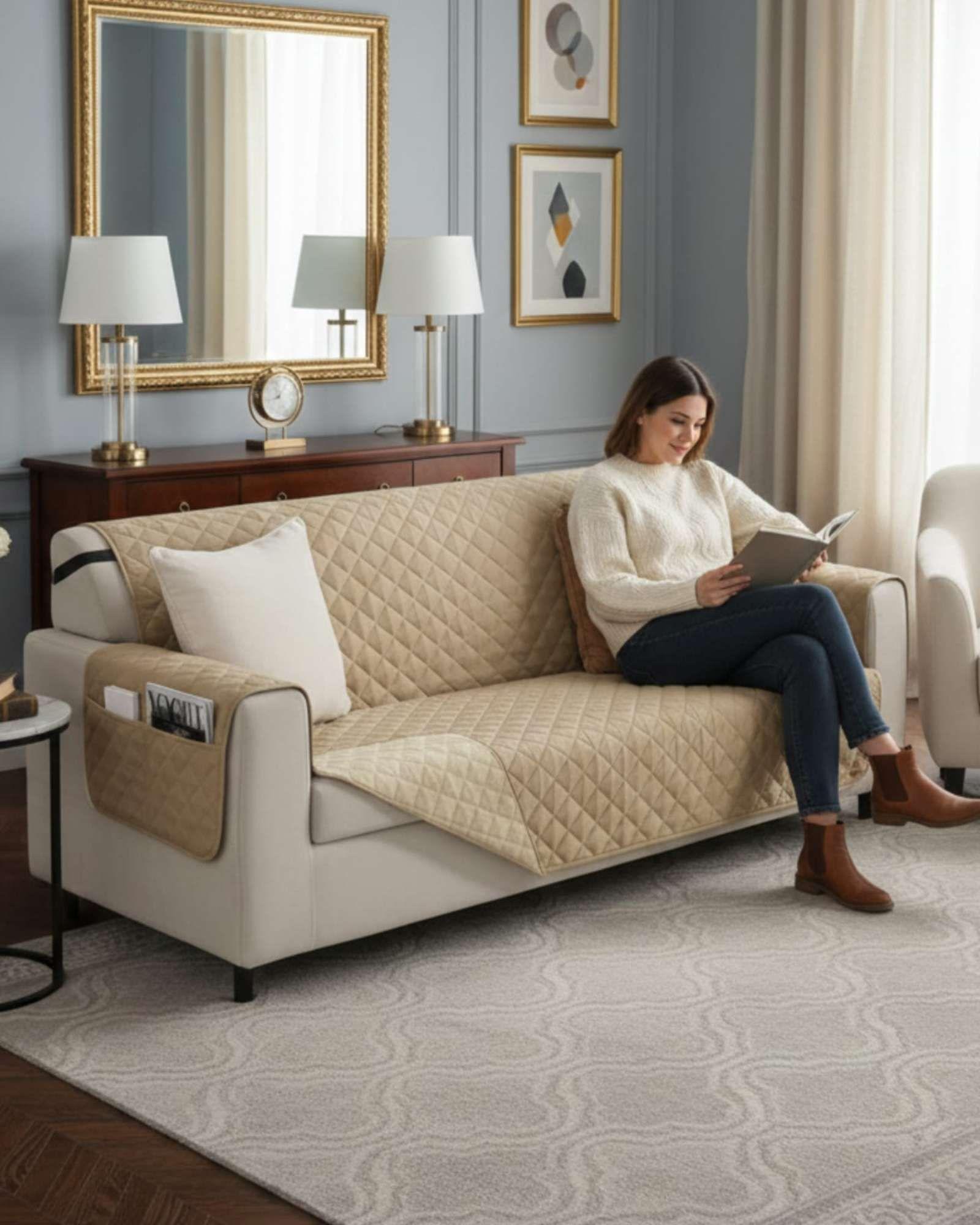 Cubre sillon reversibles con bolsas 3 Cuerpos beige-3