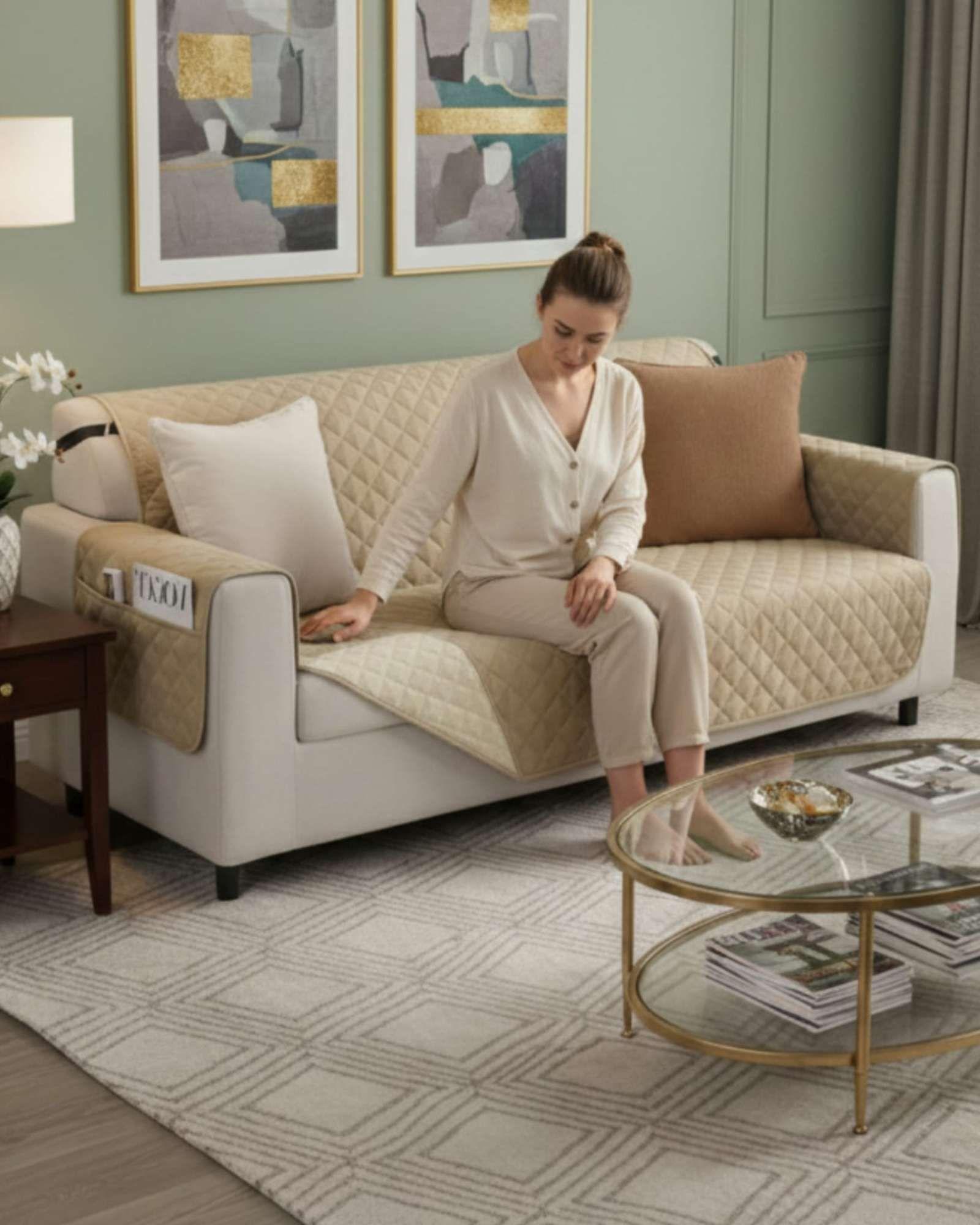 Cubre sillon reversibles con bolsas 3 Cuerpos beige-4