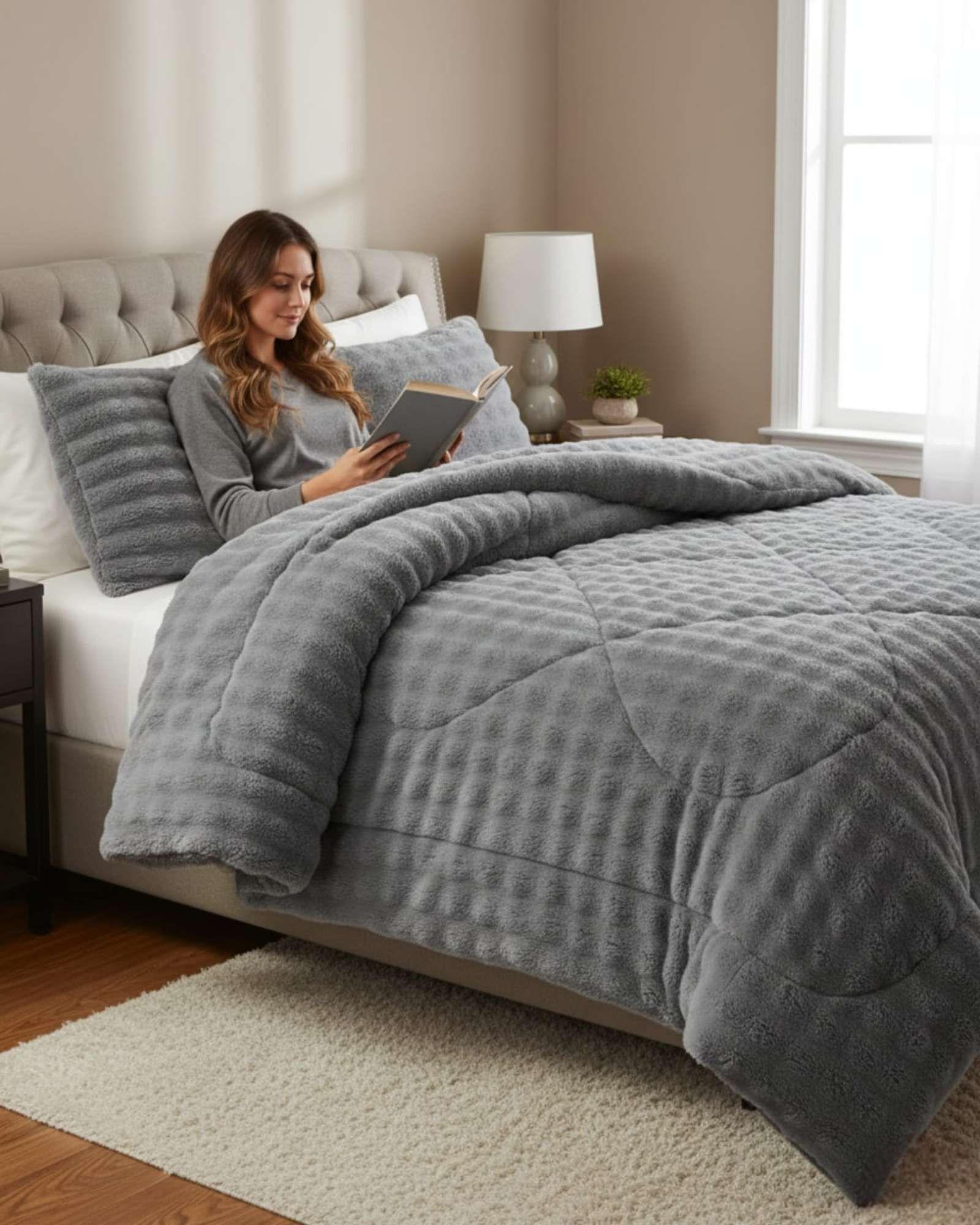 Cubrecama Acolchado Súper Calientito Plush con Chiporro 2 plazas gris-4