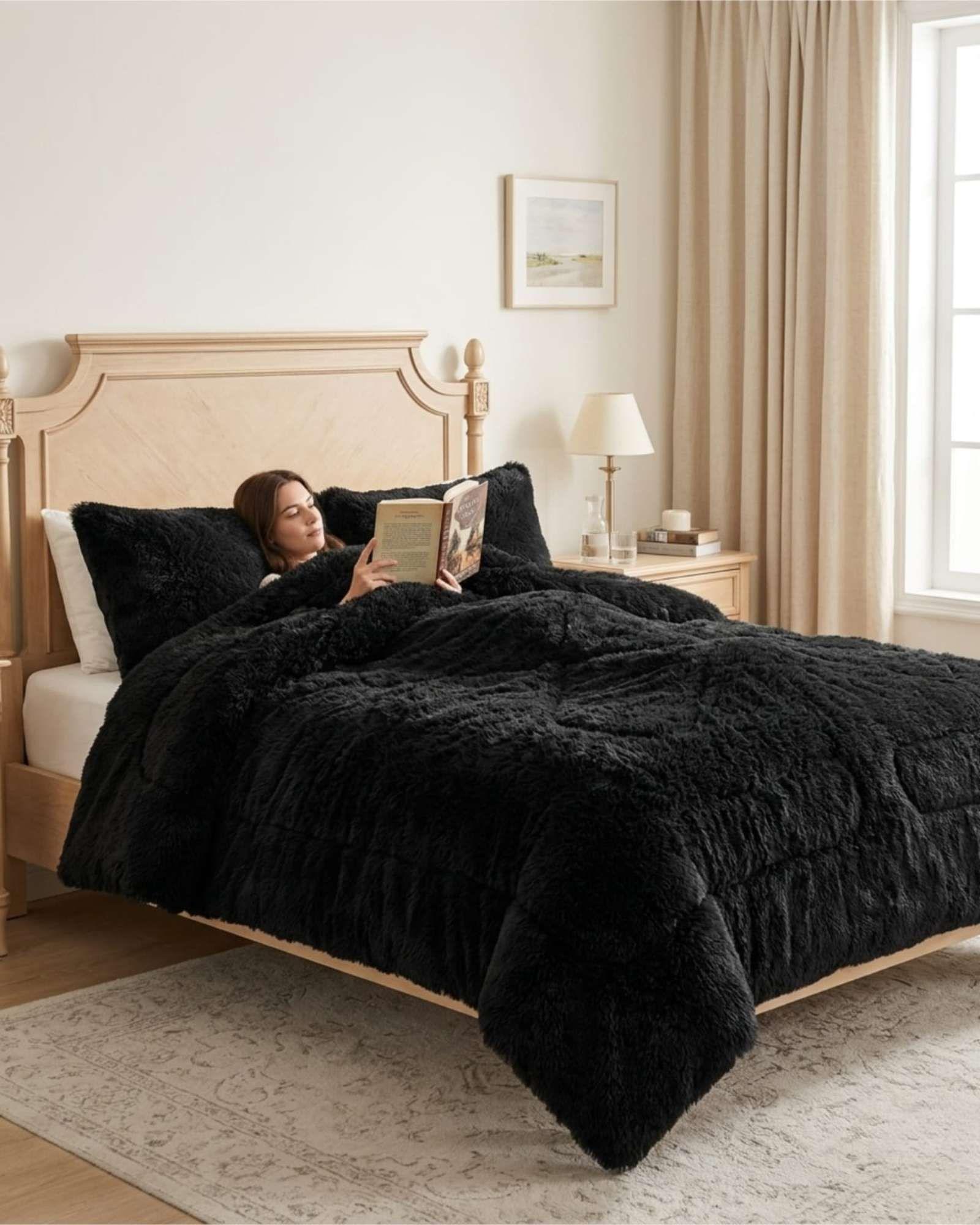 Plumón Pelo Largo 2 Plazas Acolchado Invierno + Fundas negro-3