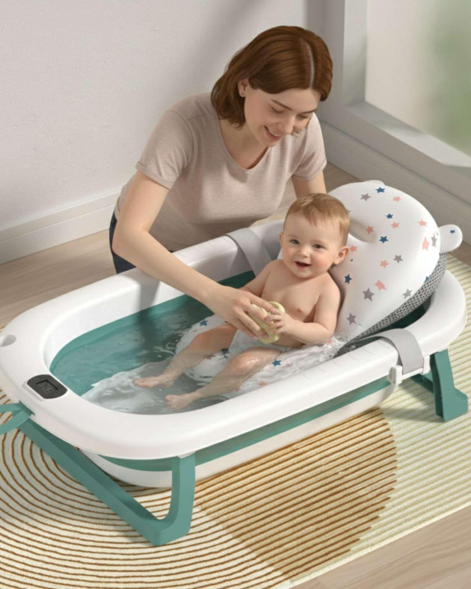 BAÑERA TINA BEBE PLEGABLE PLEGABLE CON TERMOMETRO Y COJÍN VERDE-4