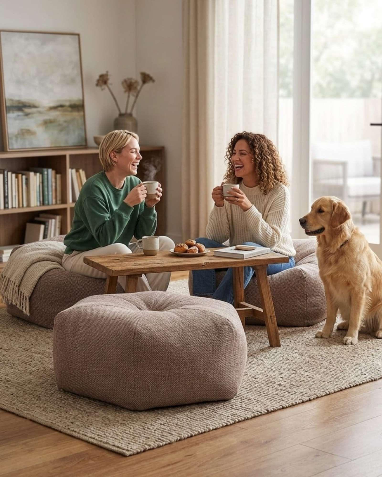 Set de 2 Puff Sofa Decorativo De Piso 50cm Estética Contemporánea beige-3