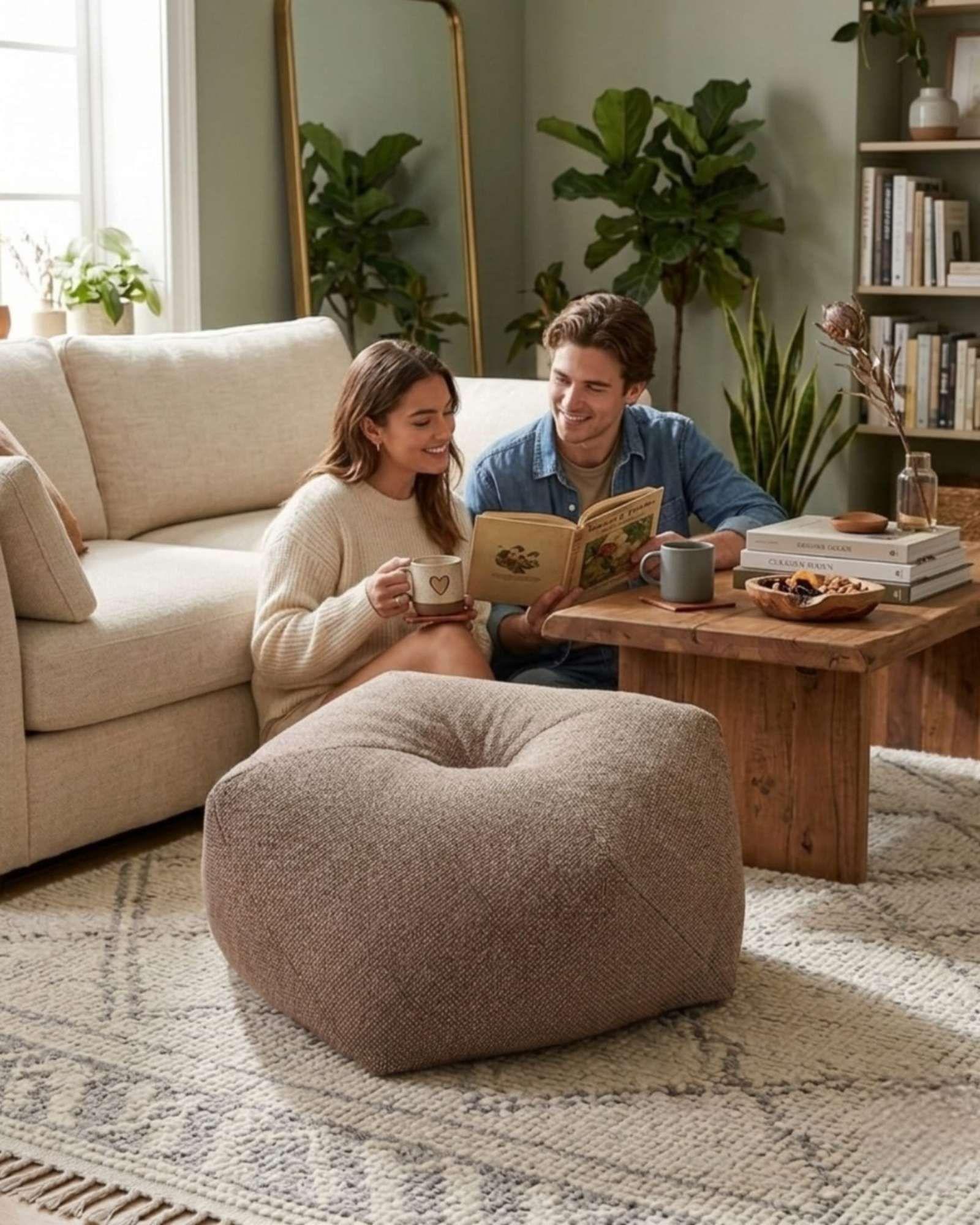 Set de 2 Puff Sofa Decorativo De Piso 50cm Estética Contemporánea beige-4