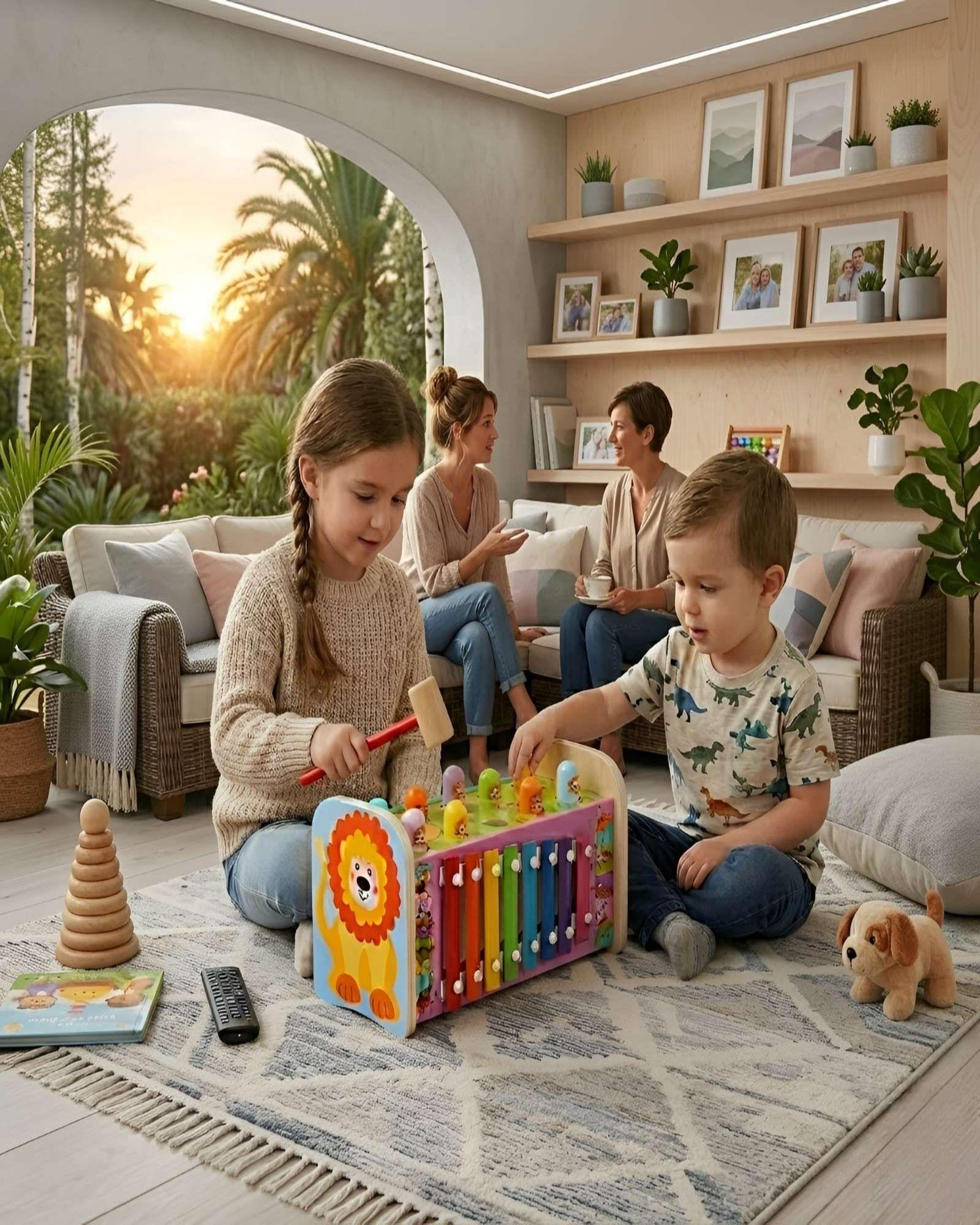 Juguete Musical 2 en 1 de Madera Xilófono y Juego de Martillar León-4