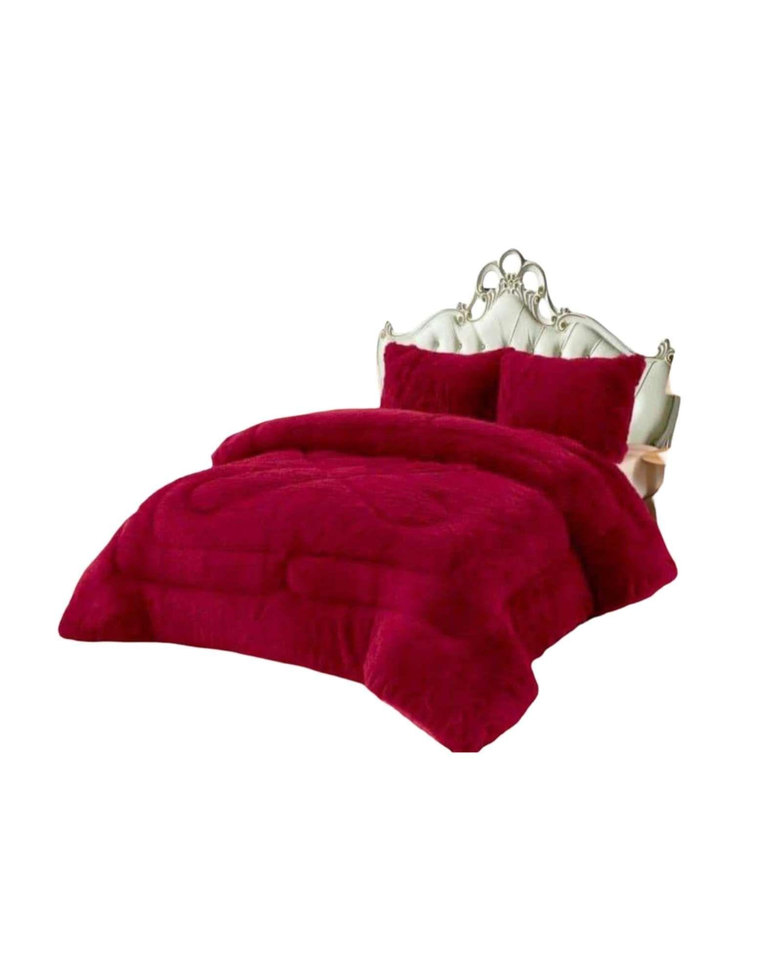 Plumón Pelo Largo 2 Plazas Acolchado Invierno + Fundas rojo-2