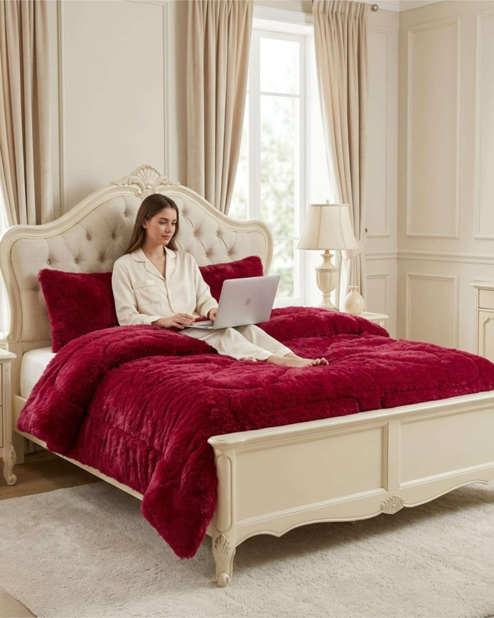 Plumón Pelo Largo 2 Plazas Acolchado Invierno + Fundas rojo-3