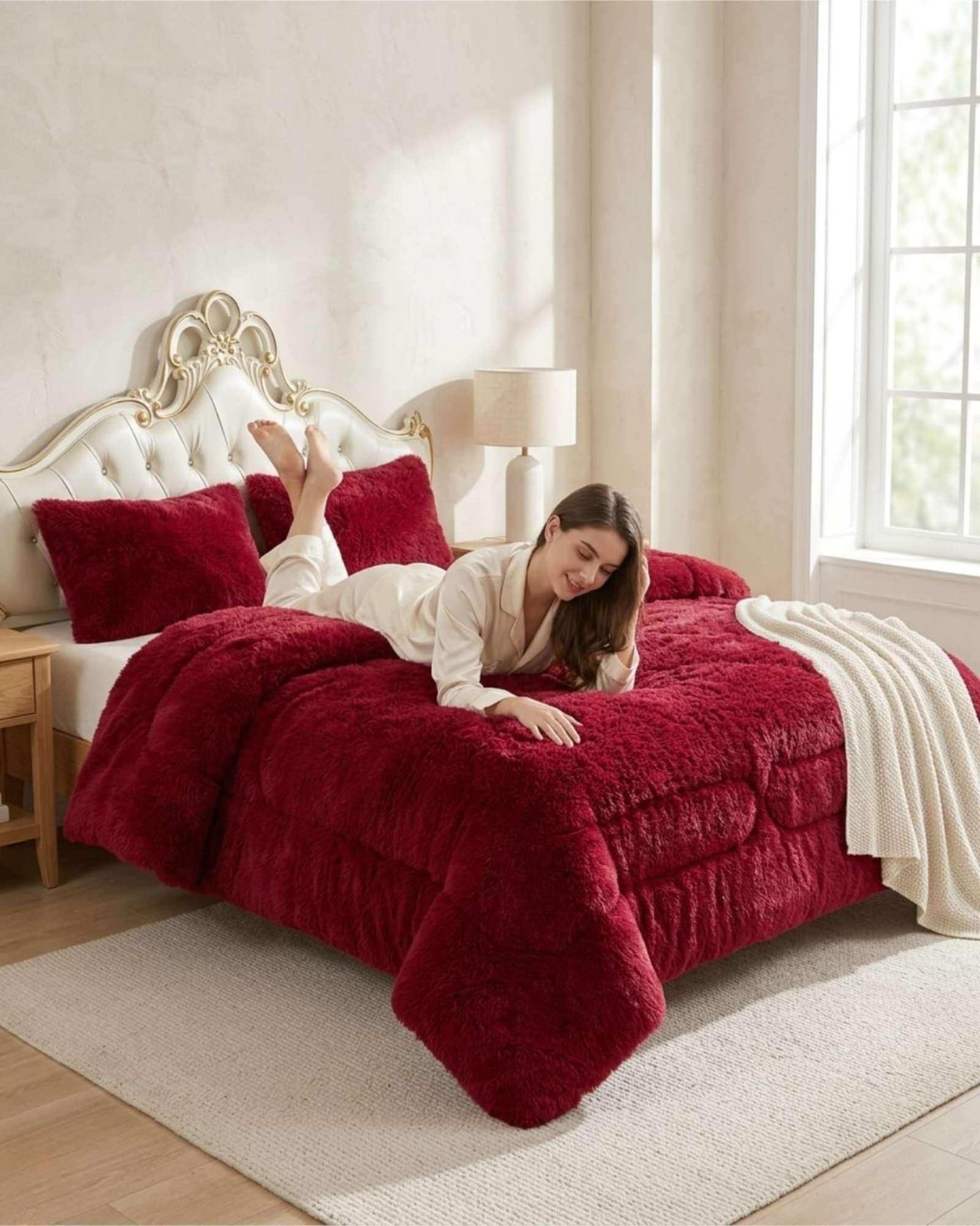 Plumón Pelo Largo 2 Plazas Acolchado Invierno + Fundas rojo-4