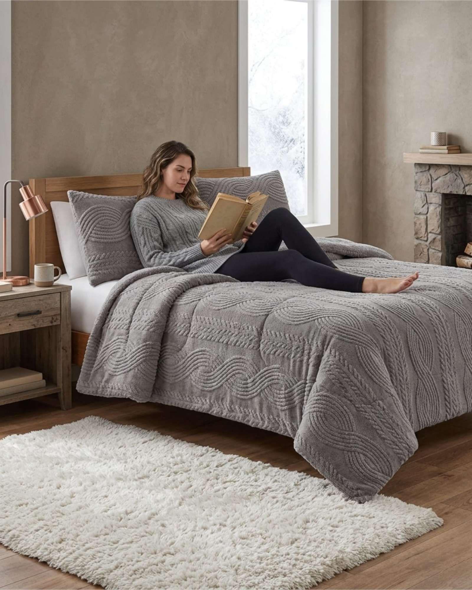 Cubrecama Trenzado Ultra Suave Invierno + Fundas gris oscuro-3