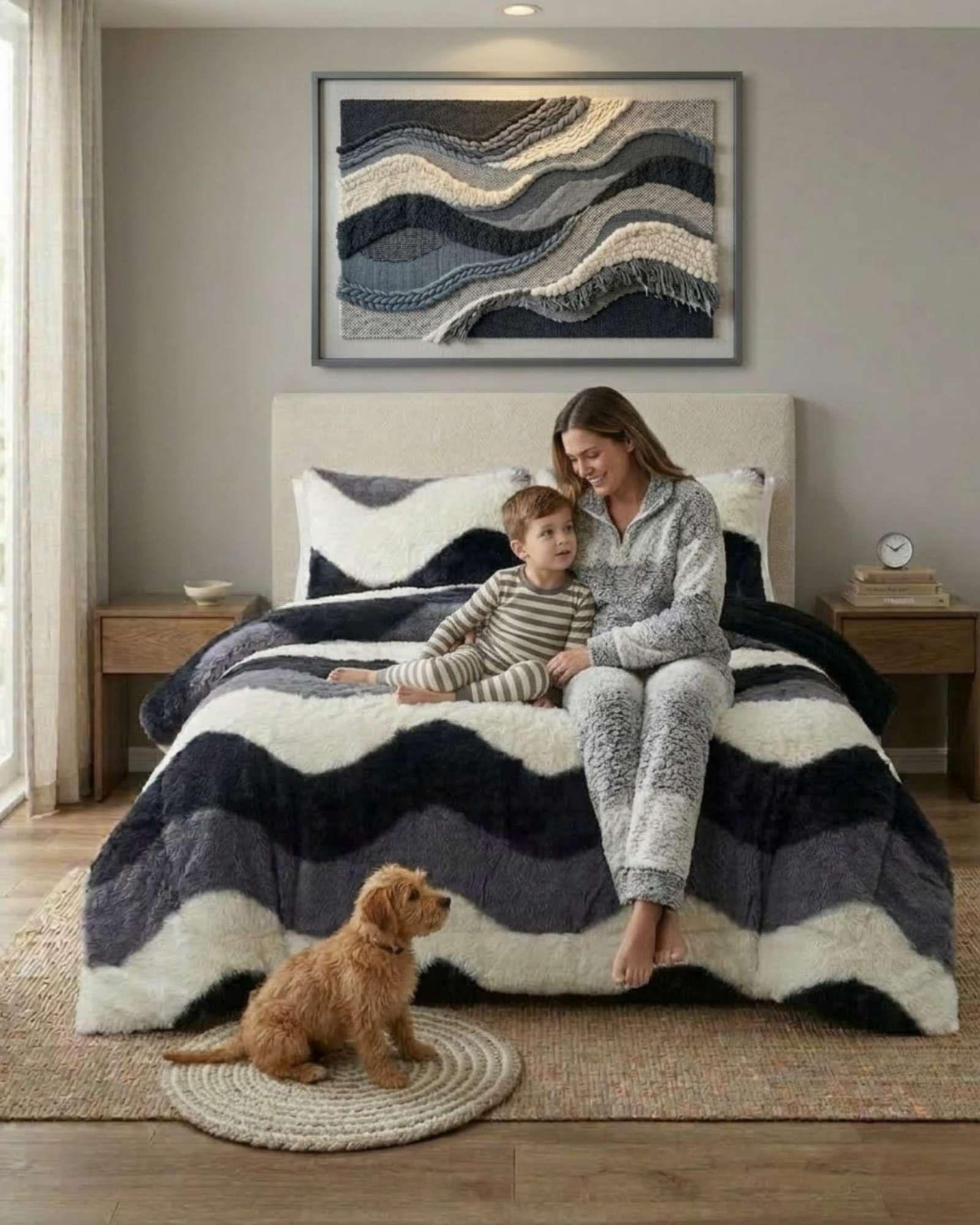 Cubrecama "Olas de Peluche" con Chiporro 2 plazas negro-3