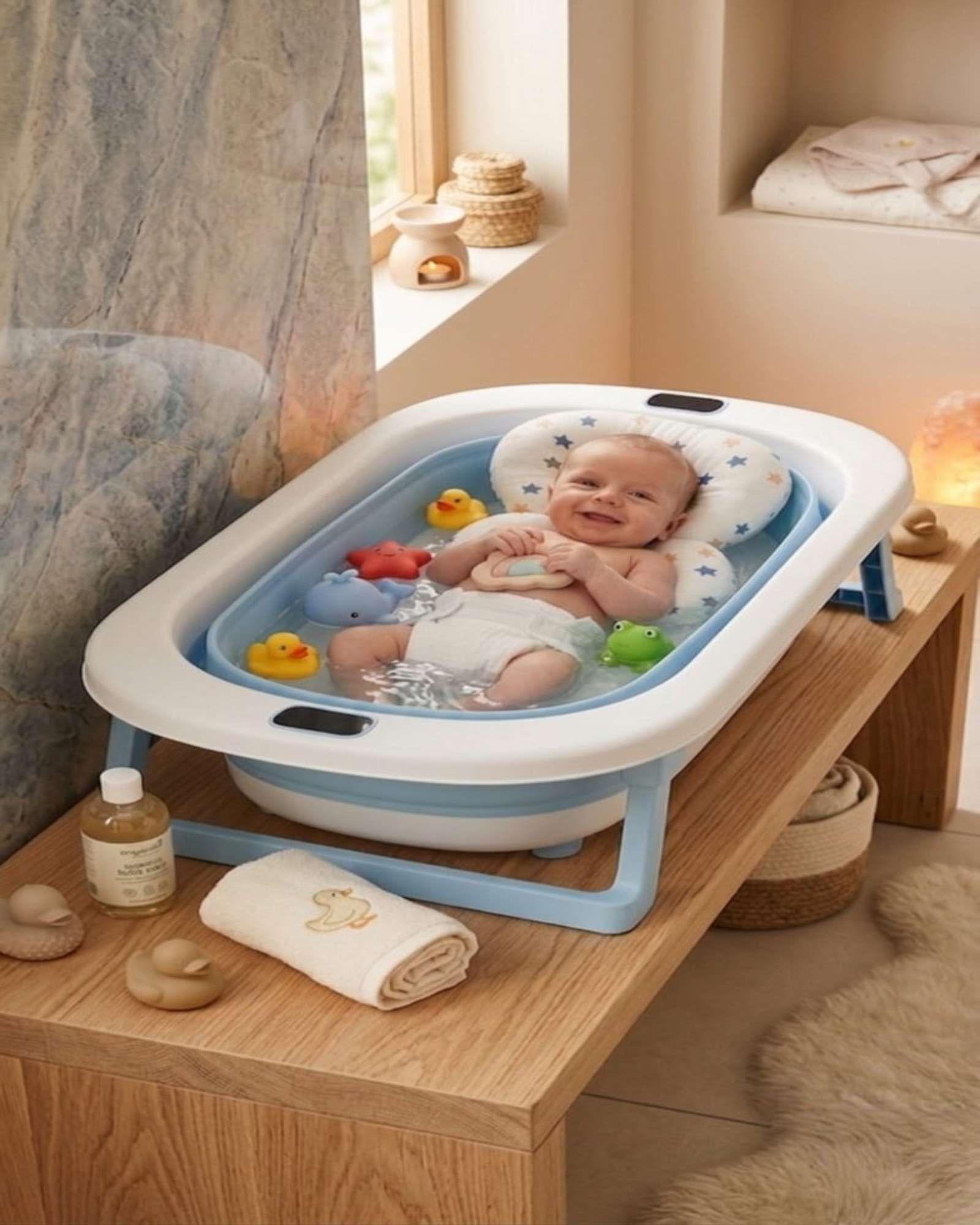 Bañera Plegable Premium Termómetro Digital + Cojín Ergonómico Antideslizante C1-2