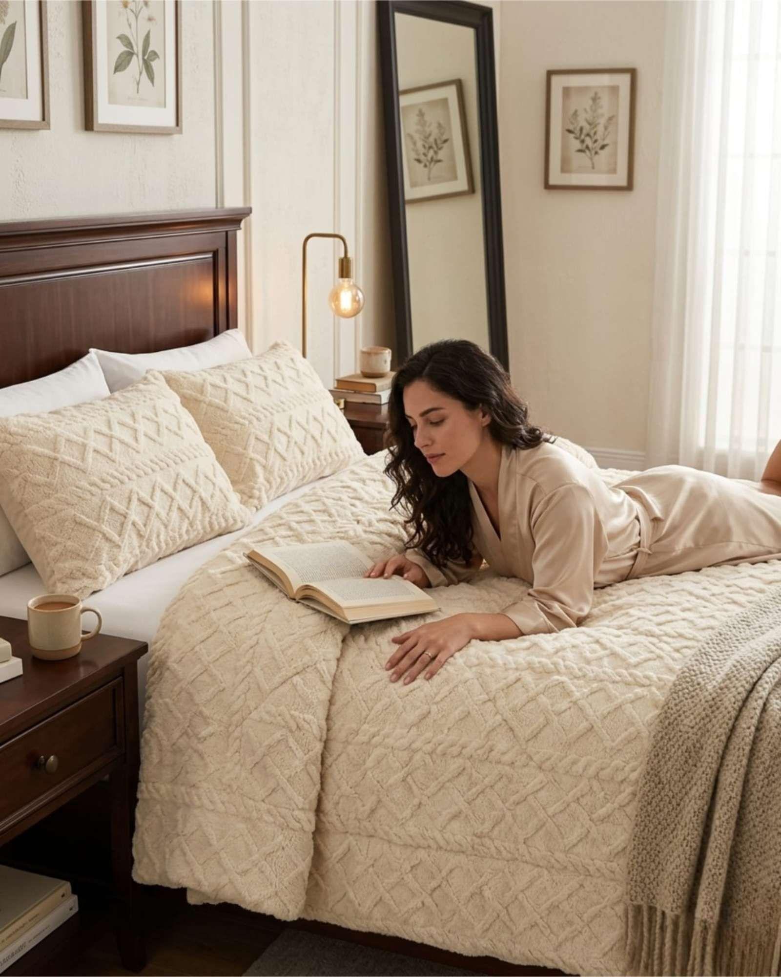 Plumón Térmico Trenzas de Terciopelo 2 plazas color beige-3