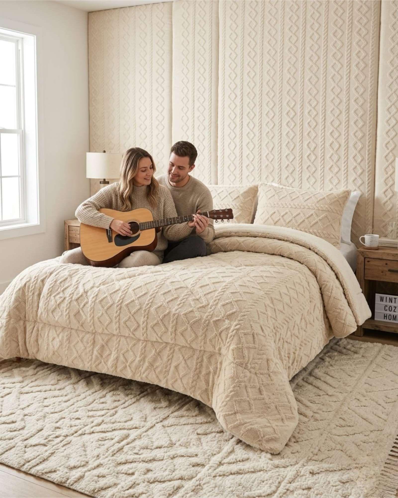 Plumón Térmico Trenzas de Terciopelo 2 plazas color beige-4