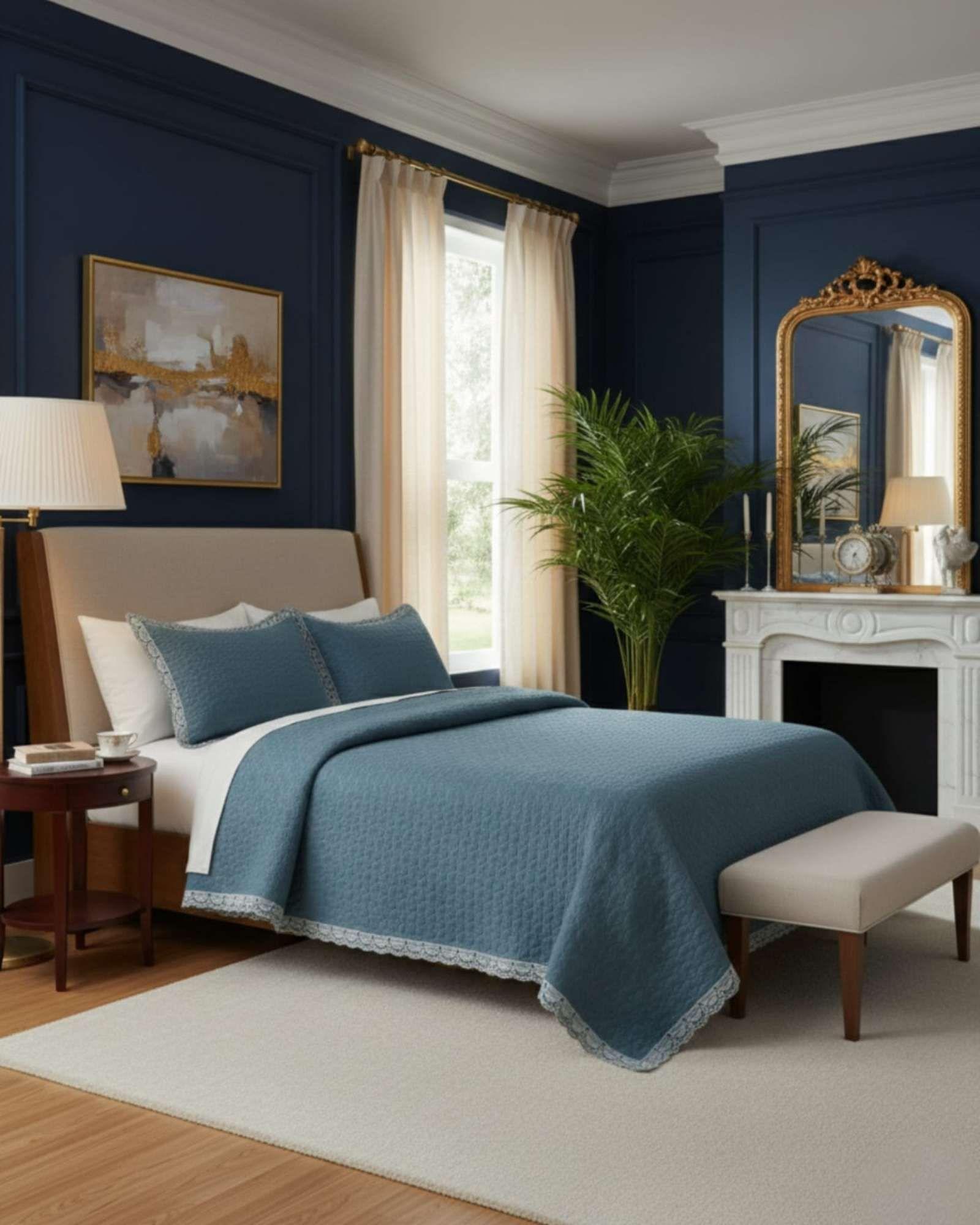 CUBRECAMAS QUILT BORDADOS 2 PLAZA EXTRA SUAVE AZUL PELTROLEO-2