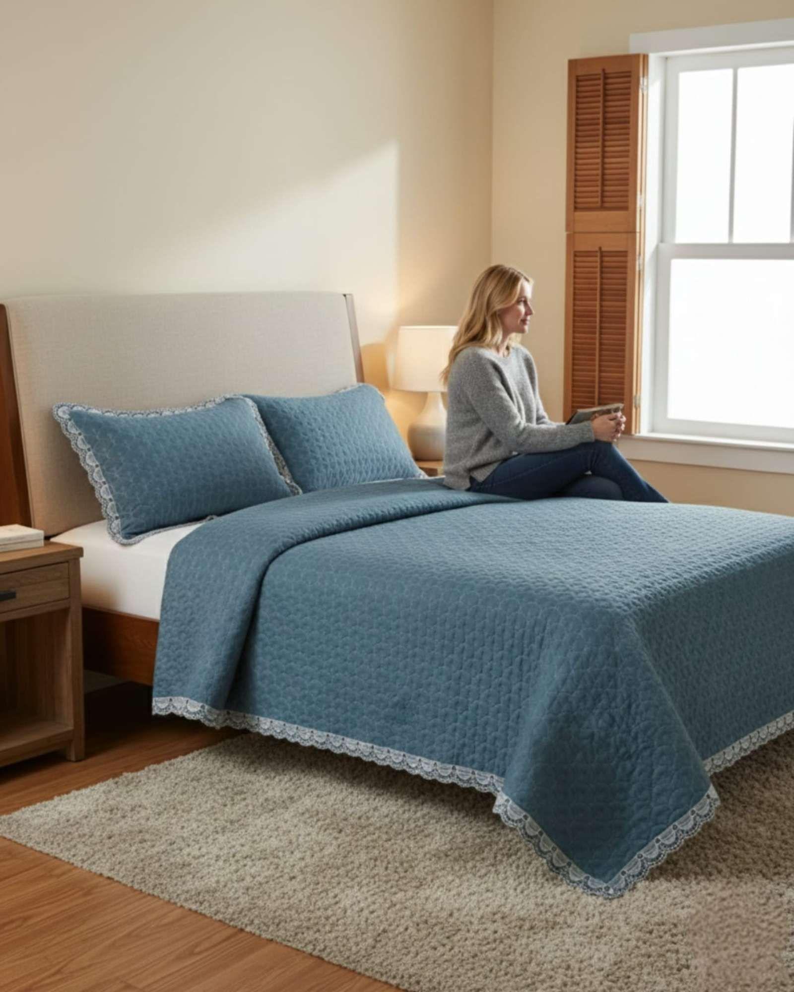 CUBRECAMAS QUILT BORDADOS 2 PLAZA EXTRA SUAVE AZUL PELTROLEO-3