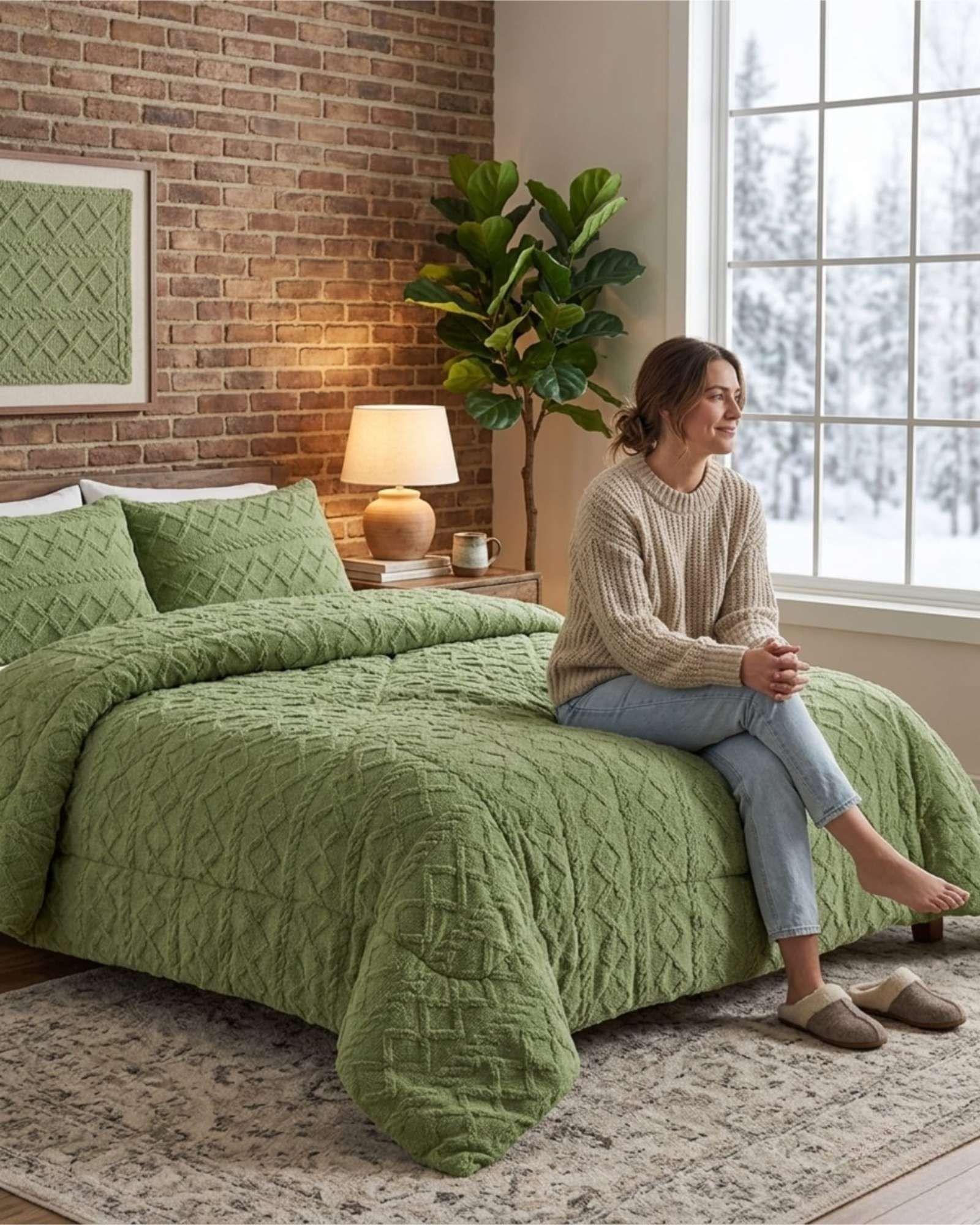 Plumón Térmico Trenzas de Terciopelo king verde-3