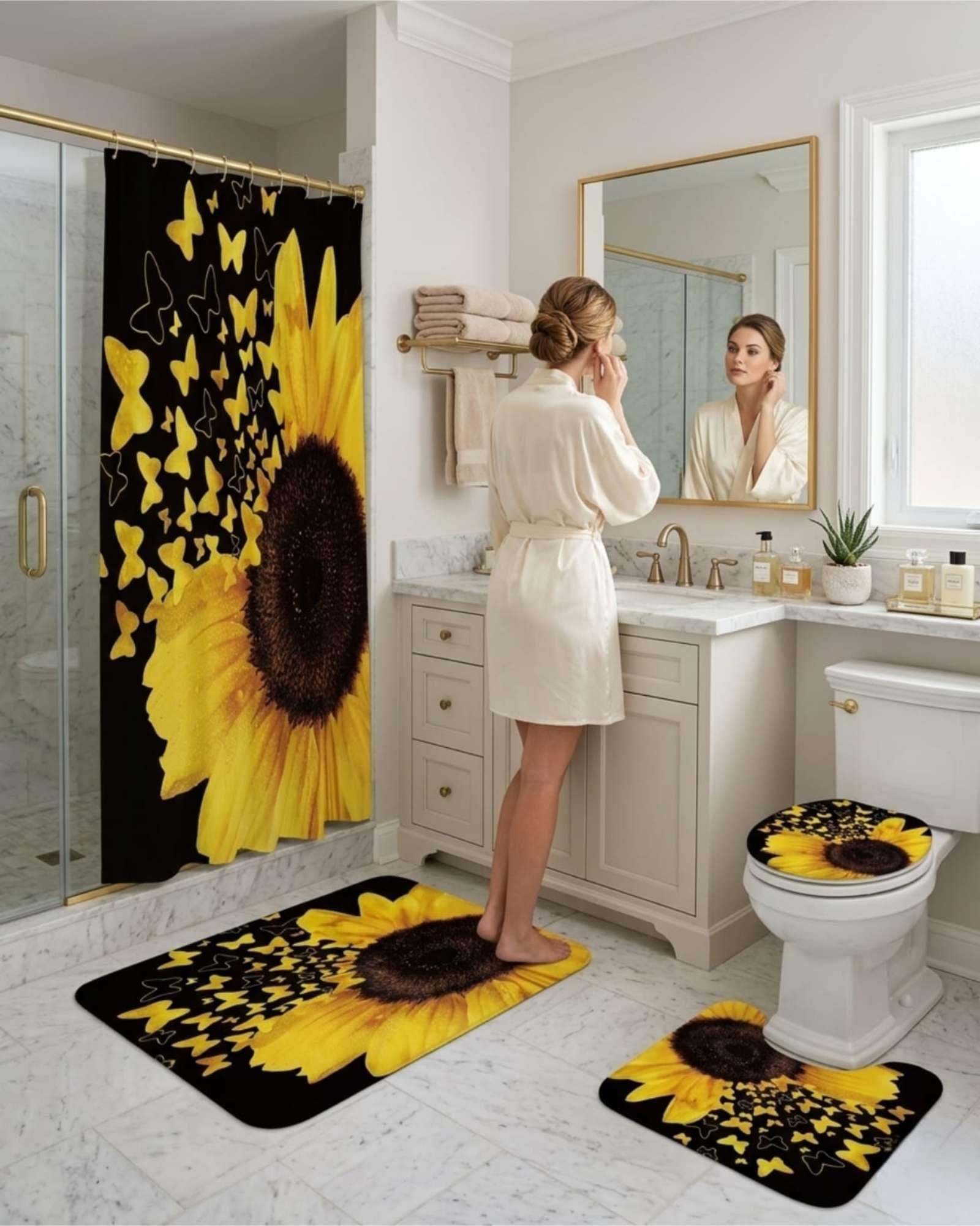 Set De Baño 4 Piezas Cortina Impermeable, Alfombras Y Funda De Inodoro m2-0