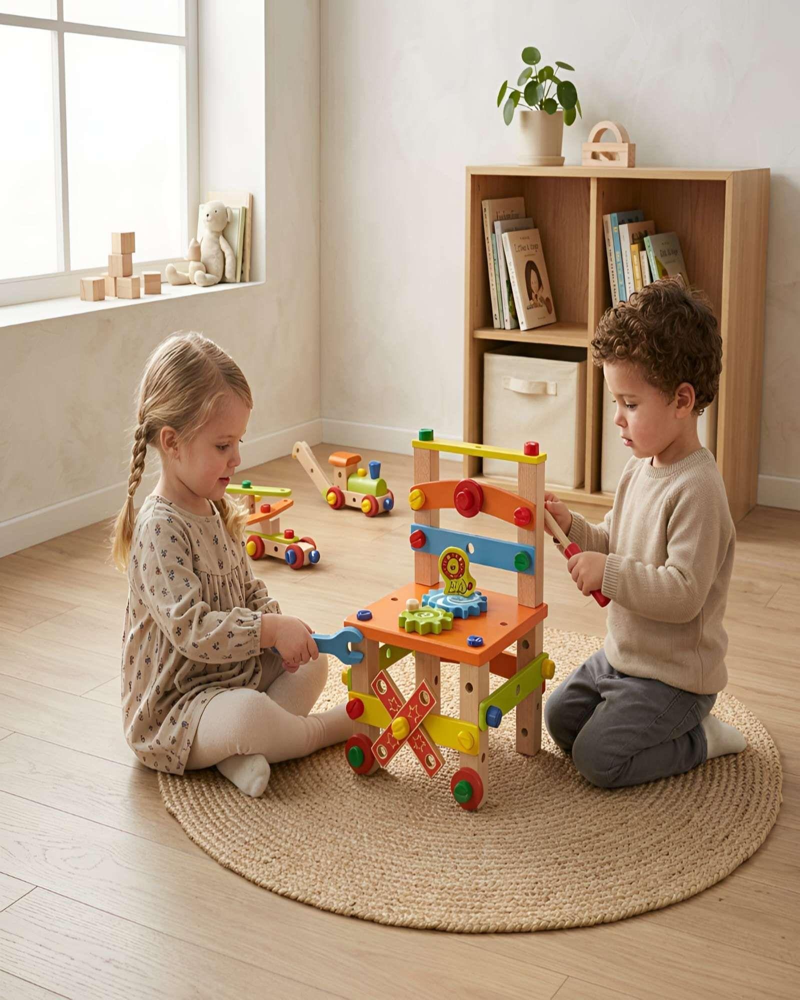 Silla de Actividades y Banco de Herramientas de Madera Montessori 2 en 1-2