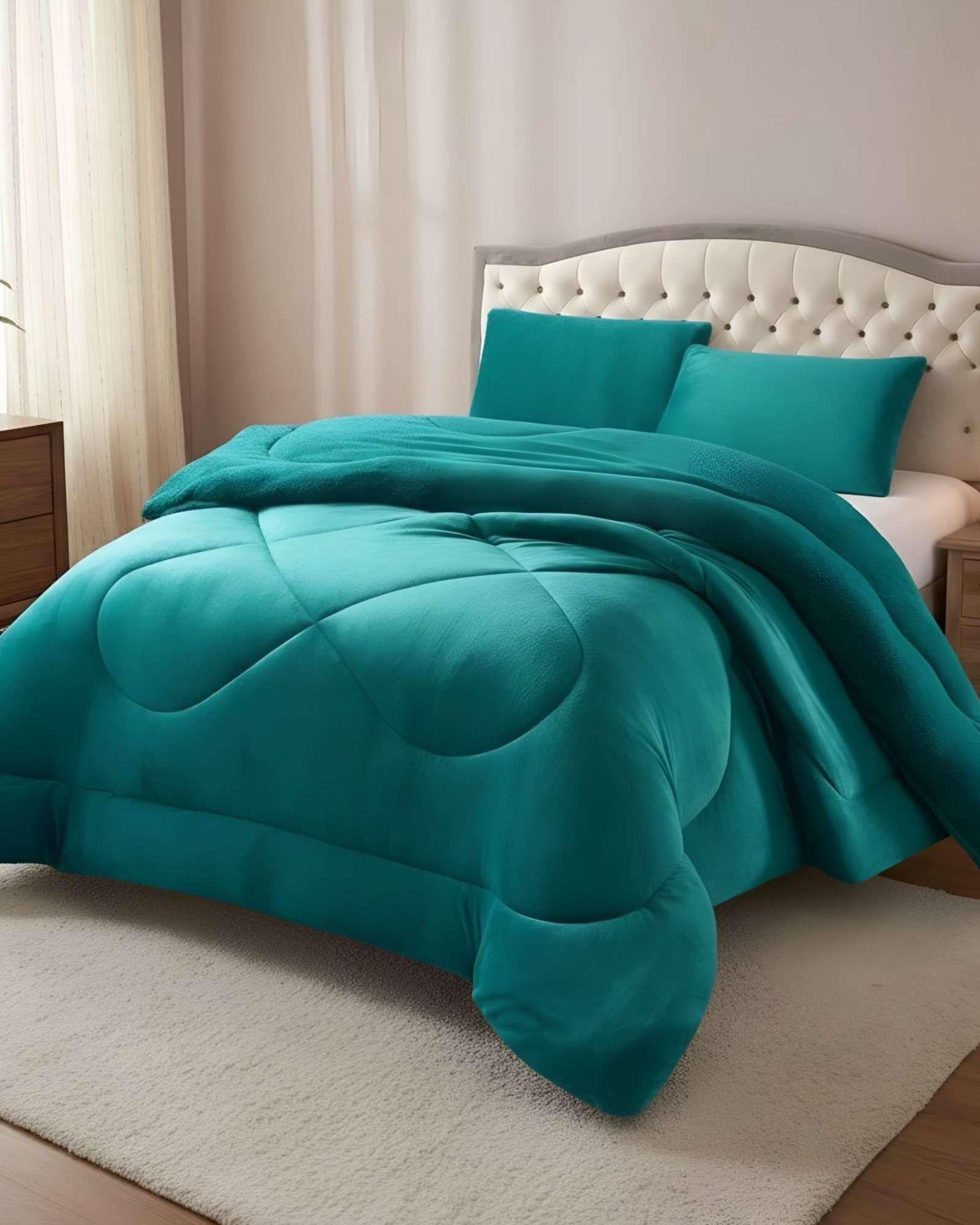 Cubrecama plush con chiporro Acolchado liso plaza y media verde-2