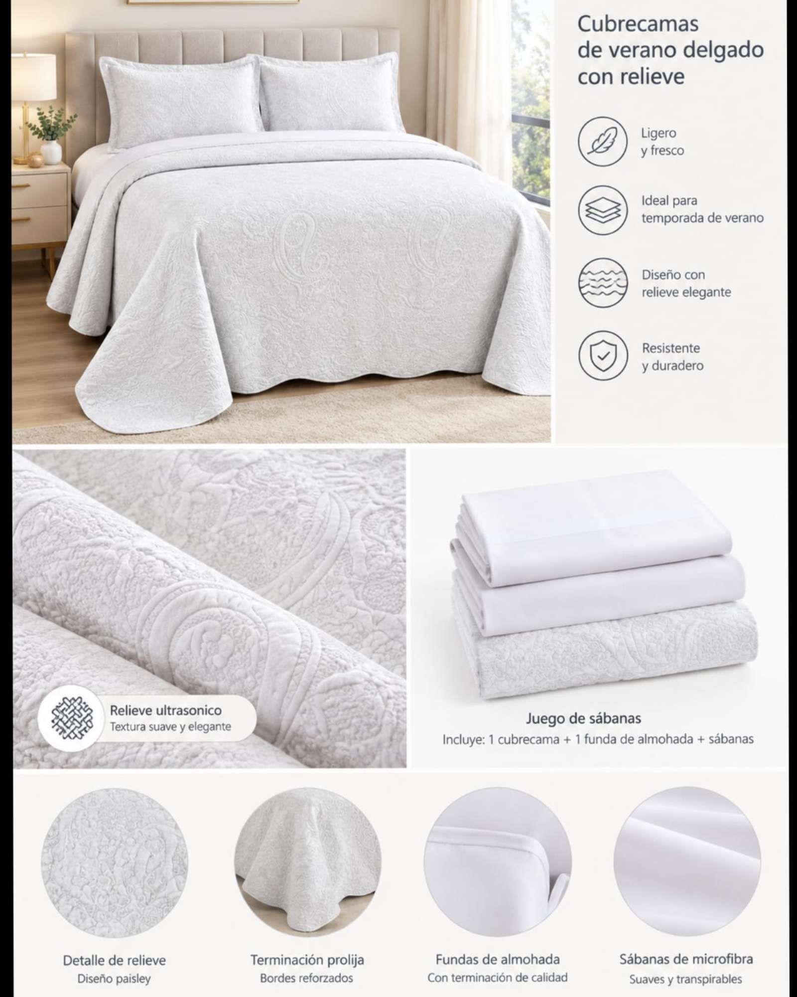 Cubrecama Quilt de Verano Liso 1.5 Plazas con Relieve 05-4