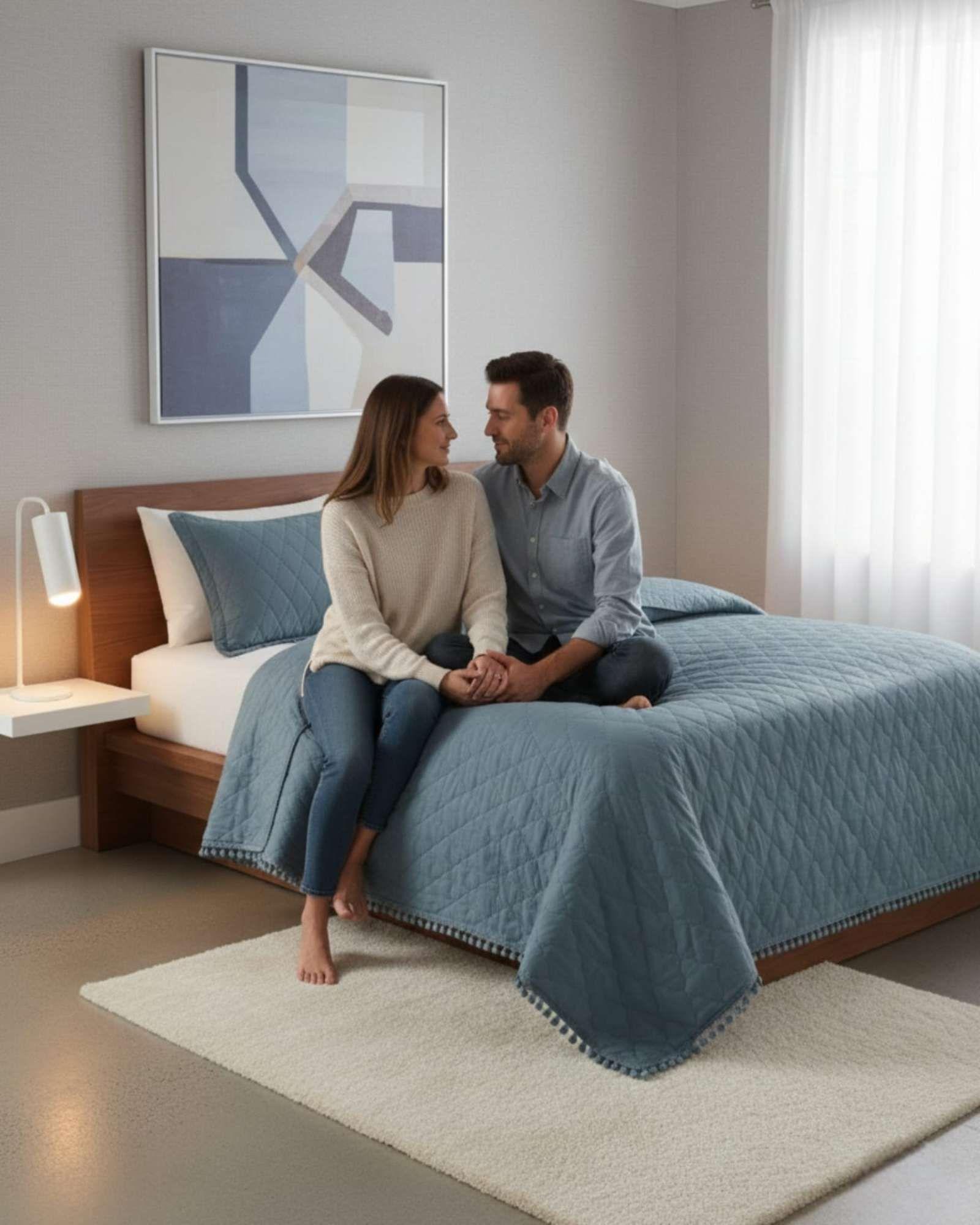 Cobertores de Verano-Primavera con Diseño de Pompon (2 plazas) azul-4