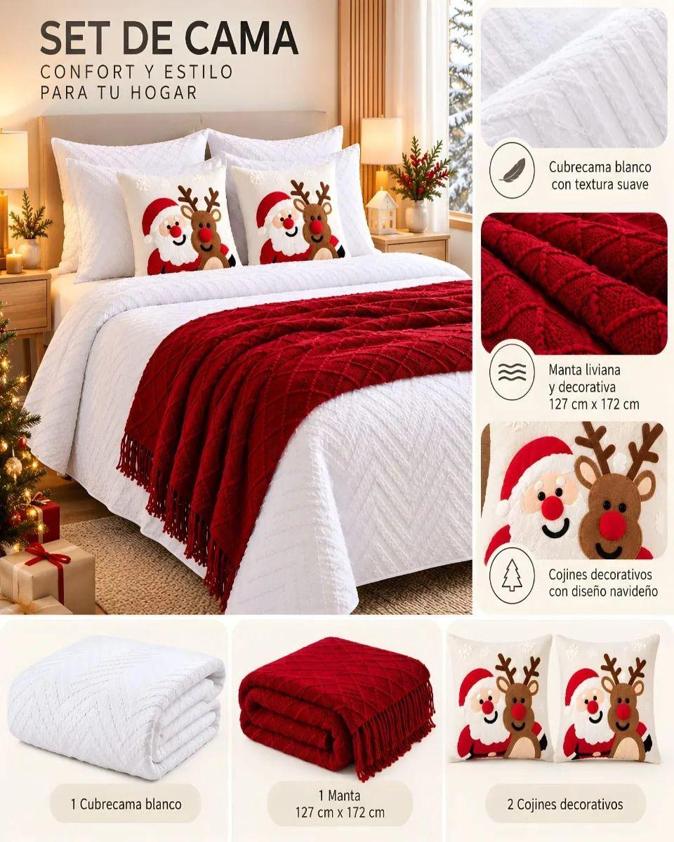 Set de Cama Navideño con Cubrecamas y 2 Fundas de Cojin 2 Plazas m18-3