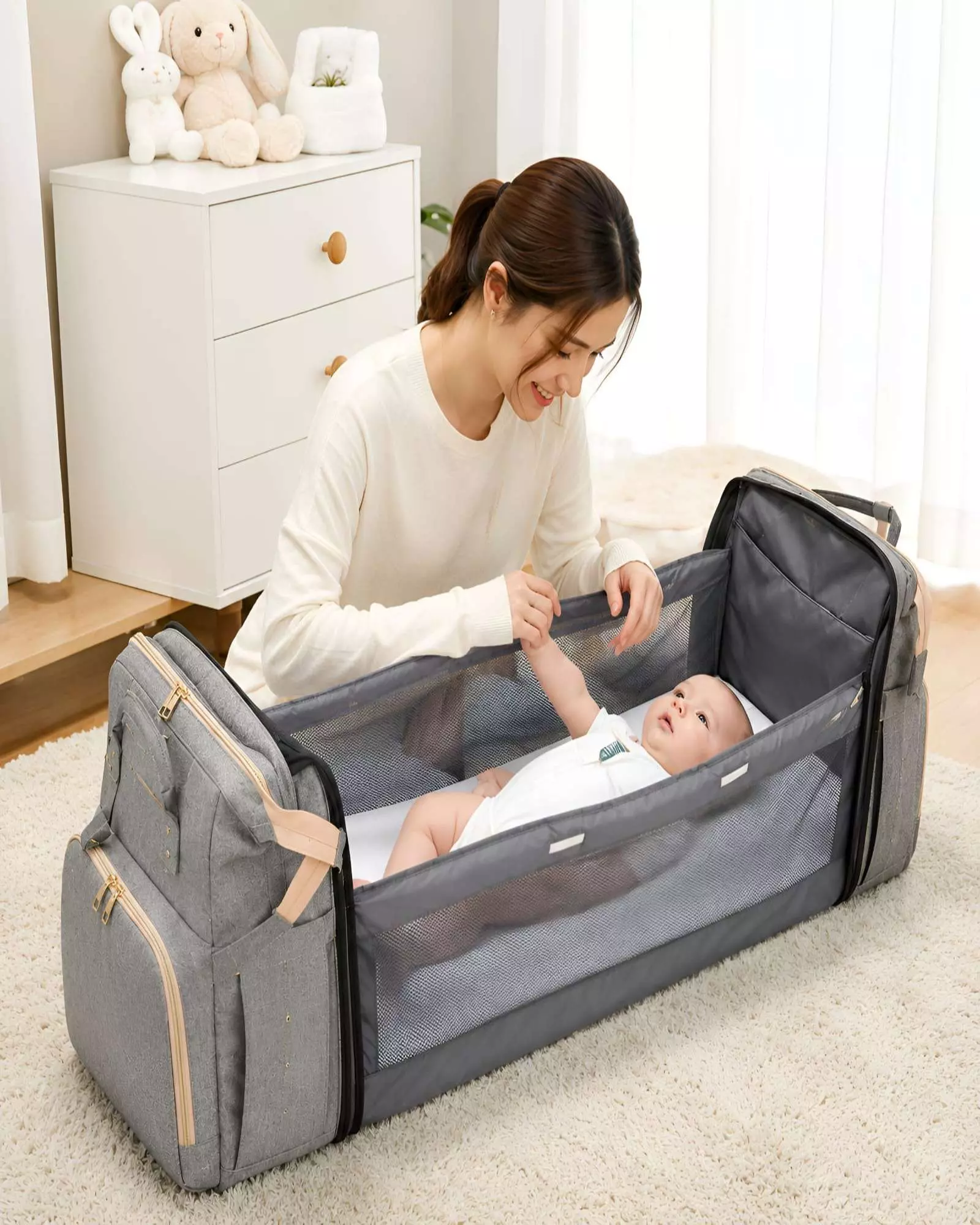 Mochila Pañalera Multifuncional 3 en 1 con Cuna Portátil y Cambiador 02-3