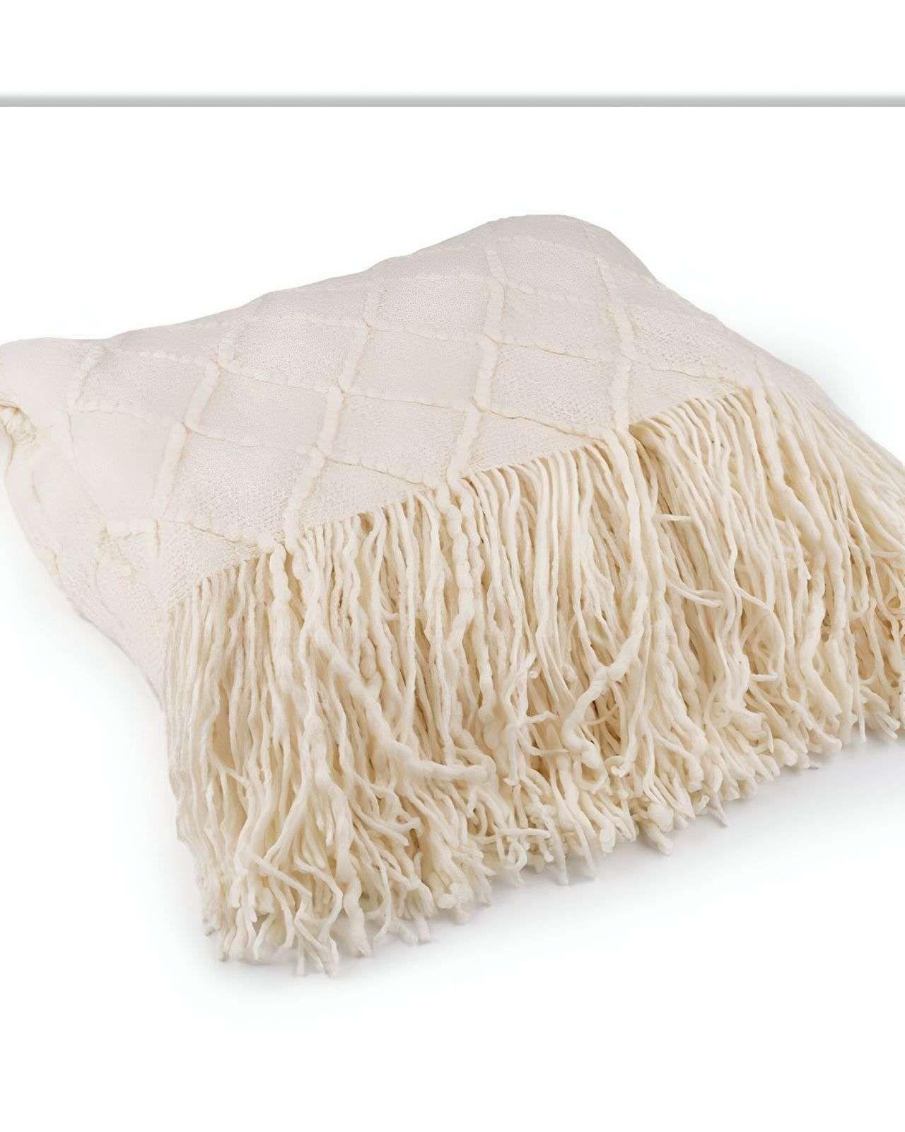 Mantas para sofas camas u oficinas con Flecos 127x152 cm Blanco-2