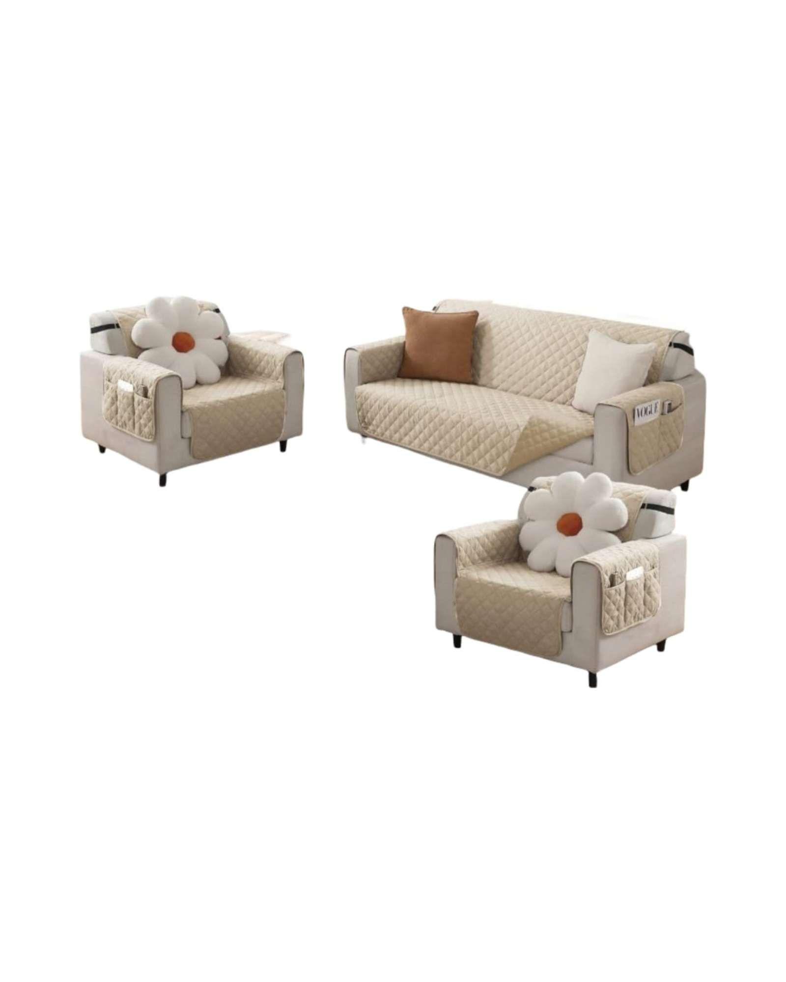 Juegos 3+1+1 de Cubre sillon reversibles con bolsas beige -2