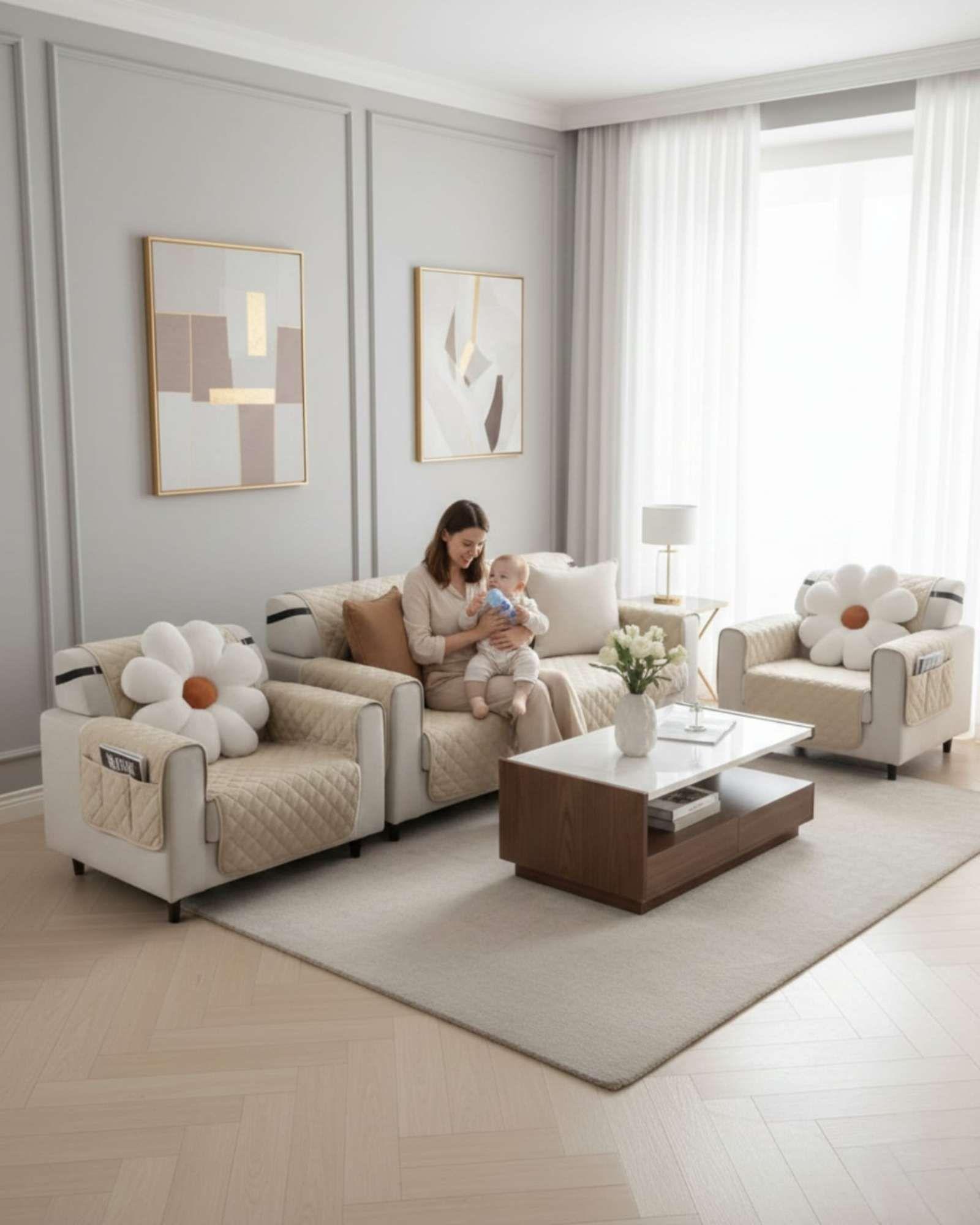 Juegos 3+1+1 de Cubre sillon reversibles con bolsas beige -3