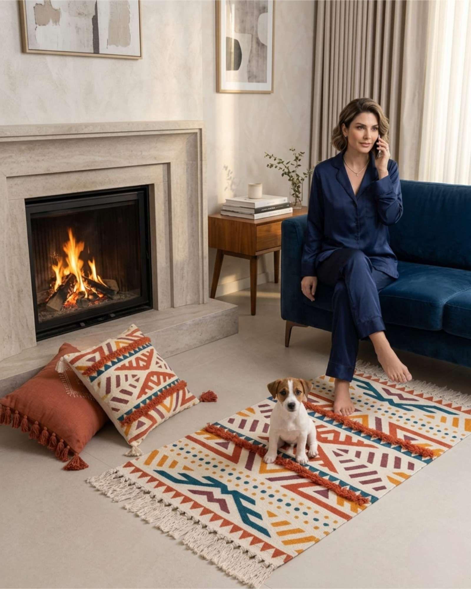 Pack Alfombra 60x90 cm + 2 Fundas de Cojín con Bordado Tufting y Flecos A5-3