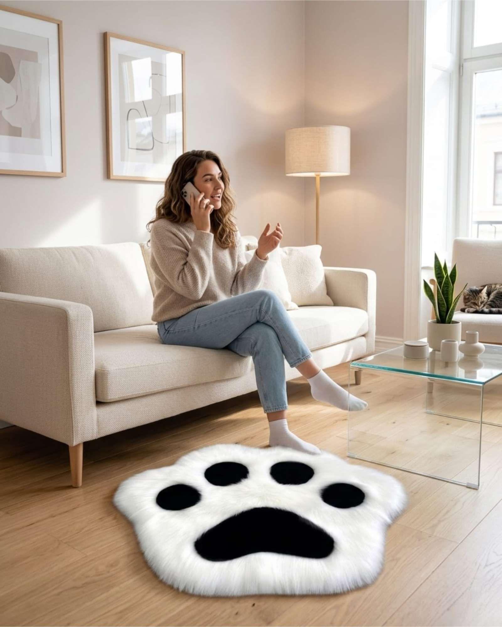 Alfombra Decorativa Forma Pata Gato Suave 70x80cm color blanco-3