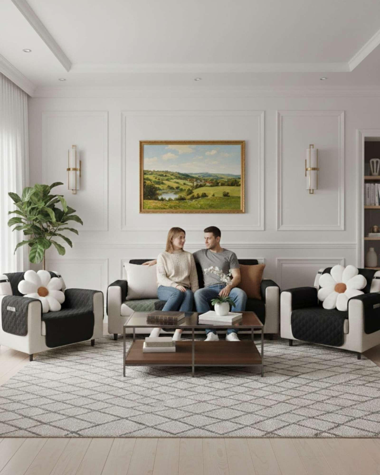 Juegos 3+1+1 de Cubre sillon reversibles con bolsas marron -3