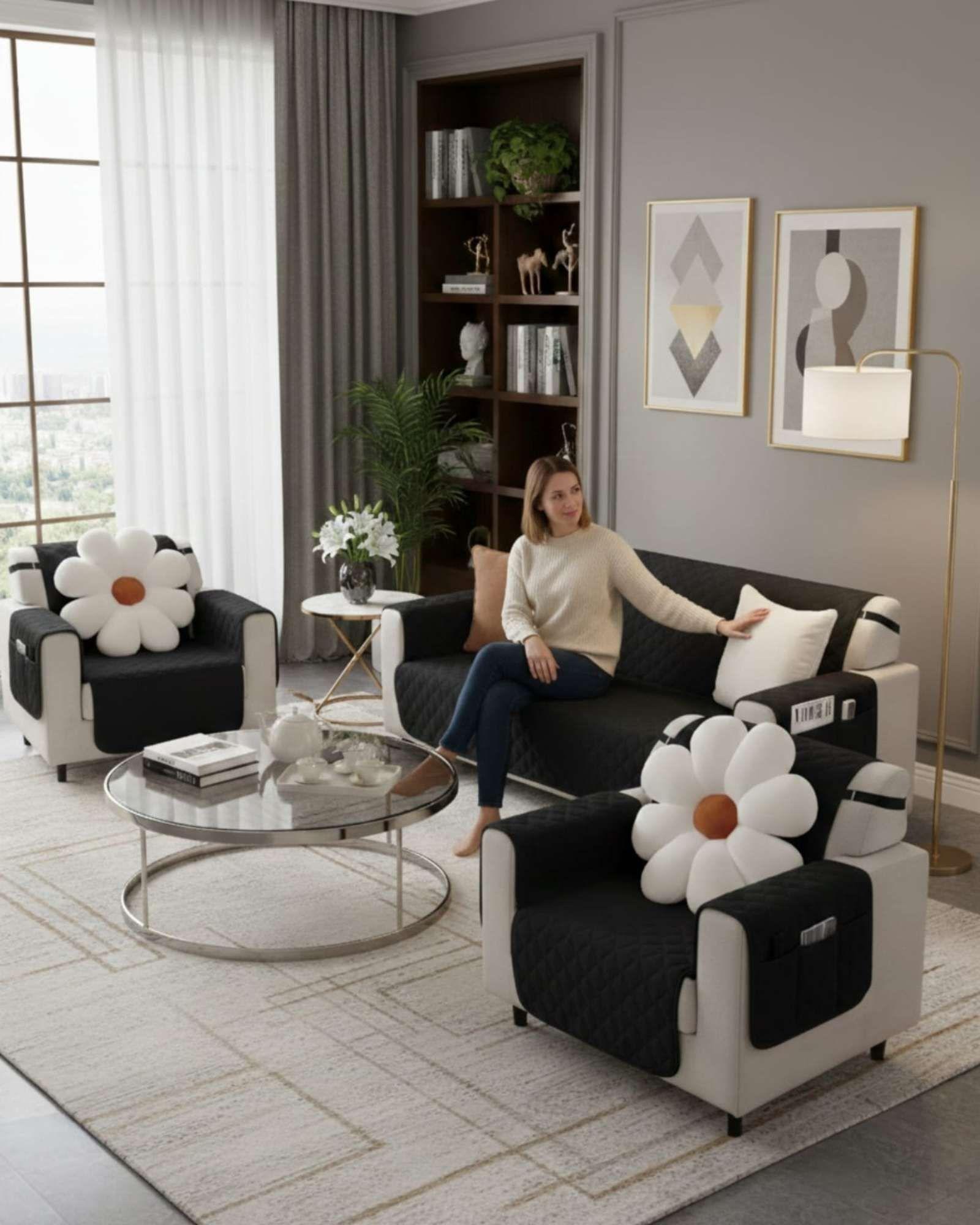 Juegos 3+1+1 de Cubre sillon reversibles con bolsas marron -4