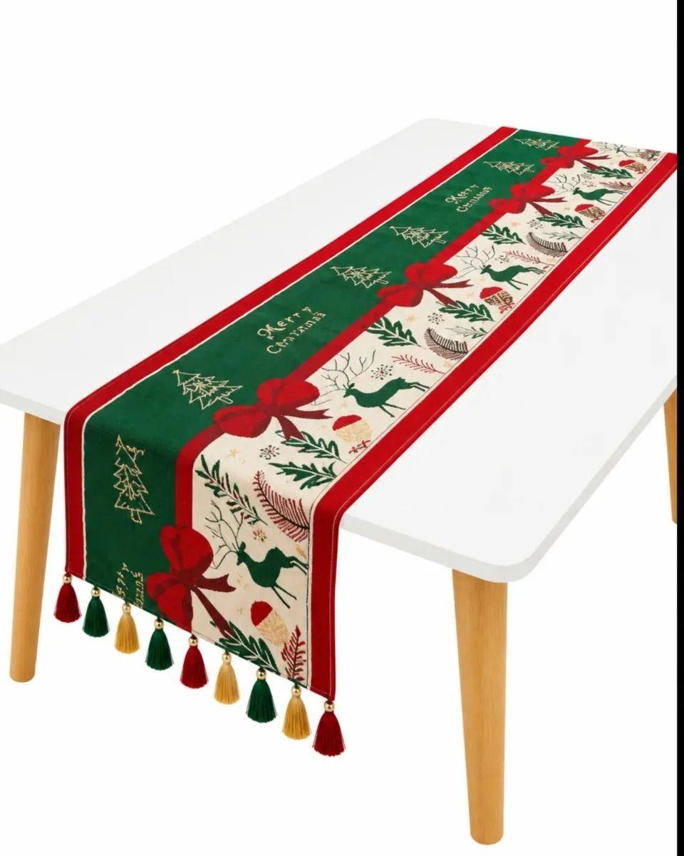 Camino de Mesa Navideño 33x180 cm Con Borlas Y Estampado Festivo m4-1