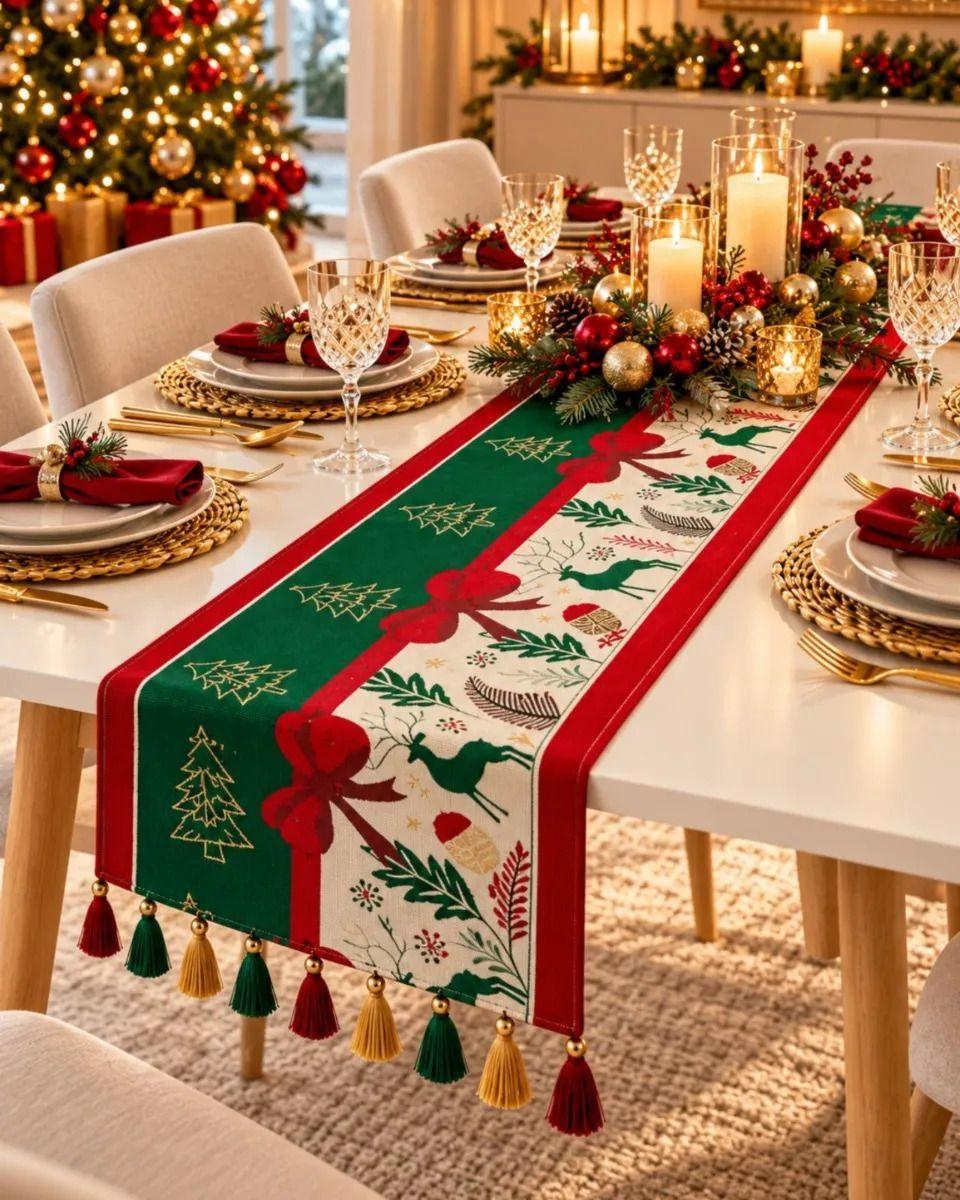 Camino de Mesa Navideño 33x180 cm Con Borlas Y Estampado Festivo m4-2