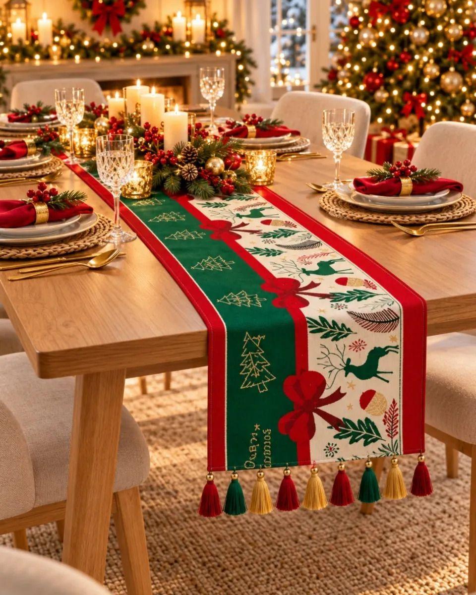 Camino de Mesa Navideño 33x180 cm Con Borlas Y Estampado Festivo m4-3
