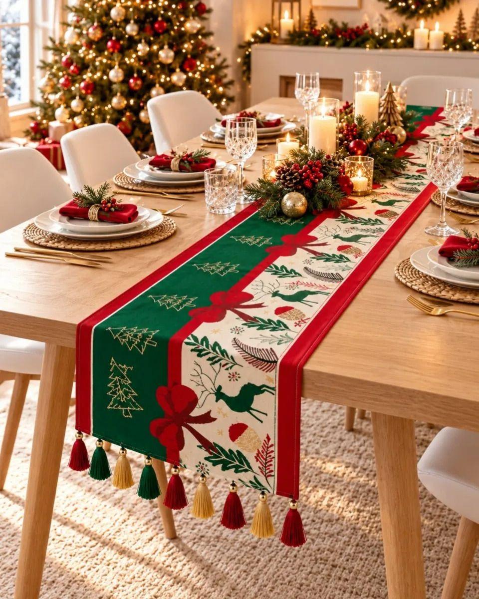 Camino de Mesa Navideño 33x180 cm Con Borlas Y Estampado Festivo m4-4