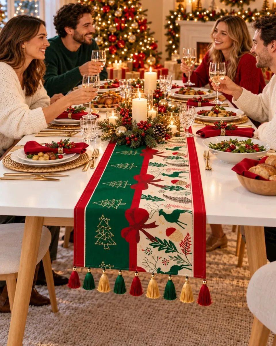 Camino de Mesa Navideño 33x180 cm Con Borlas Y Estampado Festivo m4-5