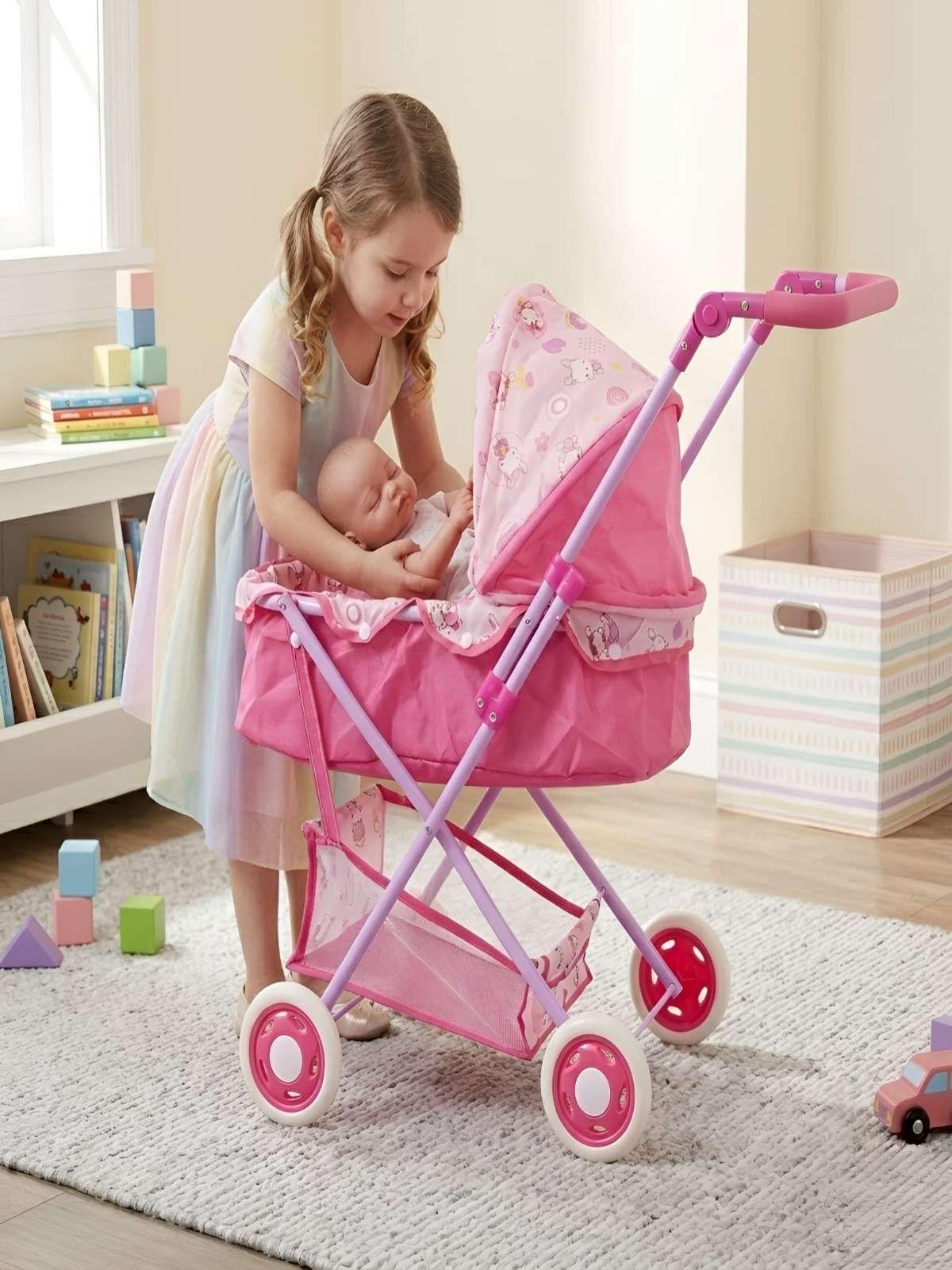 Coche para Muñecas Tipo Moisés con Canasto y Toldo Ajustable 3-0