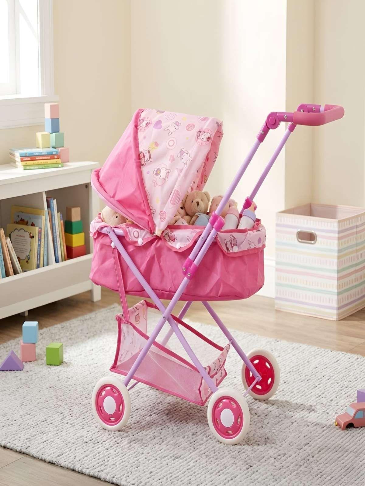 Coche para Muñecas Tipo Moisés con Canasto y Toldo Ajustable 3-1