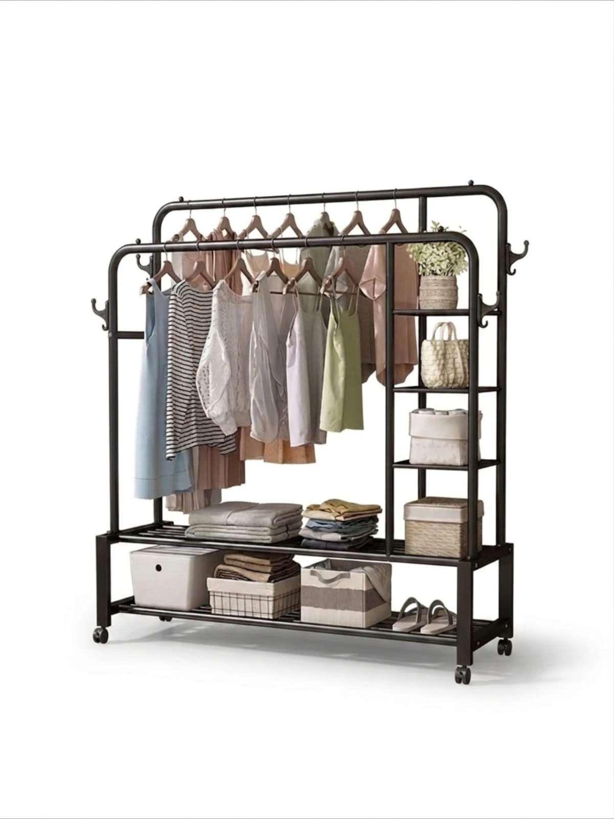 Perchero Organizador Doble Con Estantes Y Ruedas Multifuncional negro-2