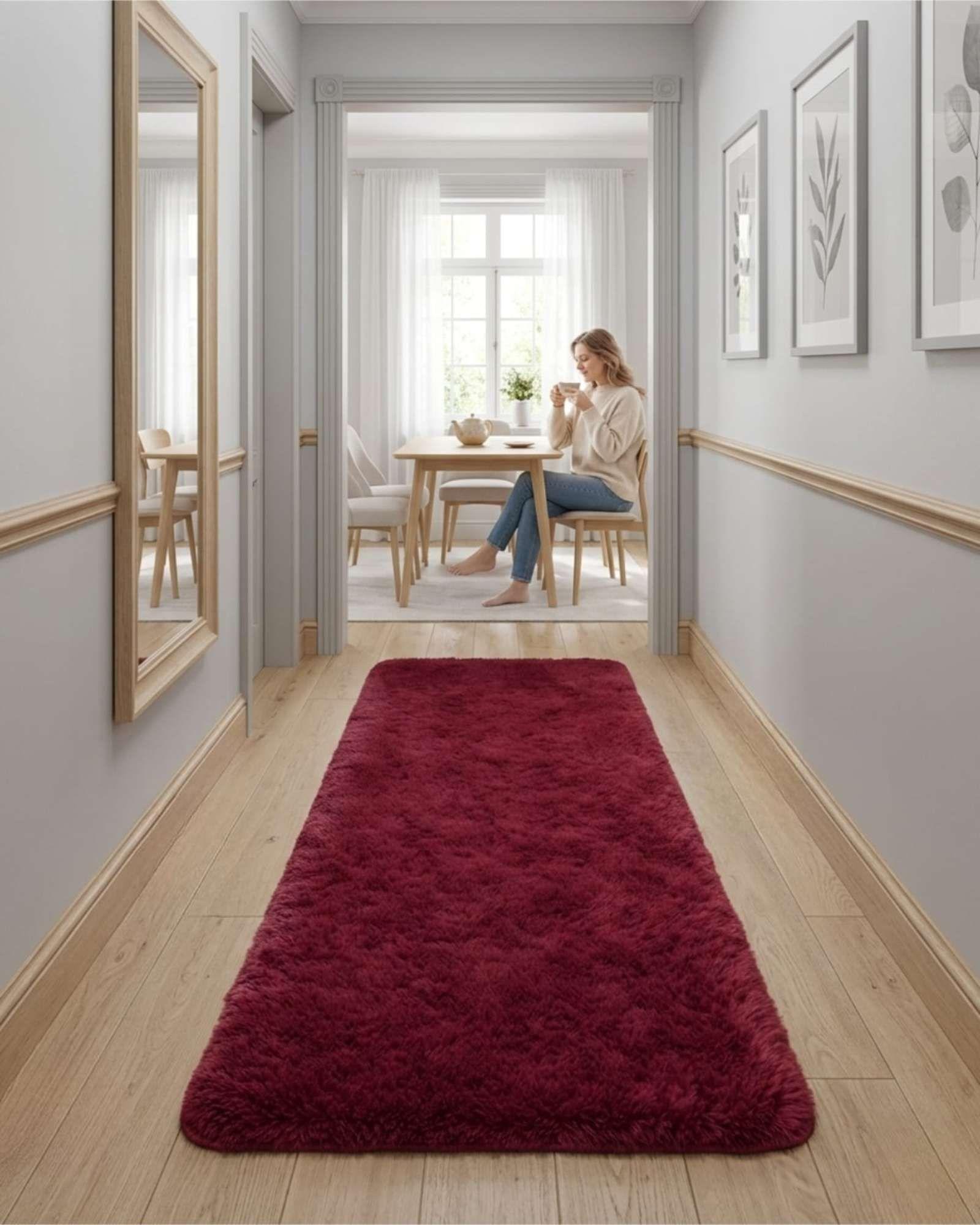 Alfombra Pasillera Shaggy 70x150 cm Pelo Largo burdeo-3