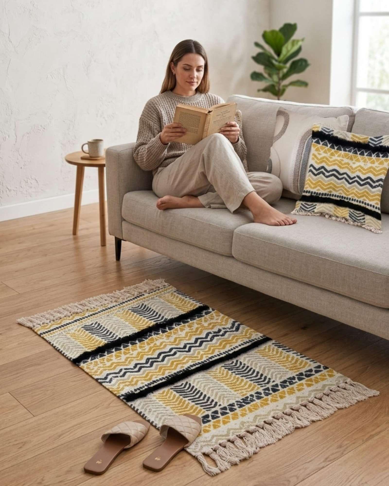 Pack Alfombra 60x90 cm + 2 Fundas de Cojín con Bordado Tufting y Flecos A2-2