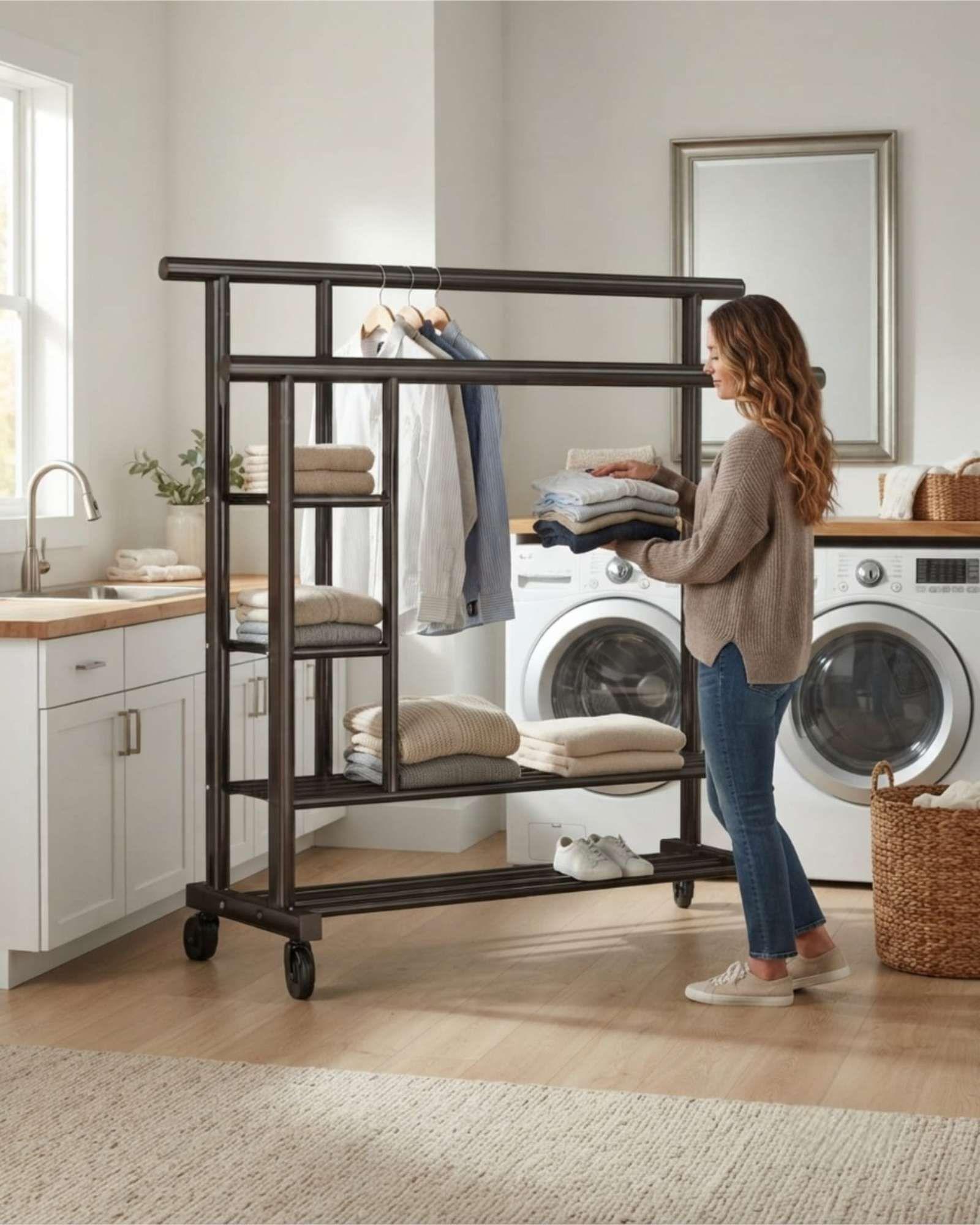 Perchero Organizador Doble Con Ruedas Y Repisas De Estilo Industrial m1-4