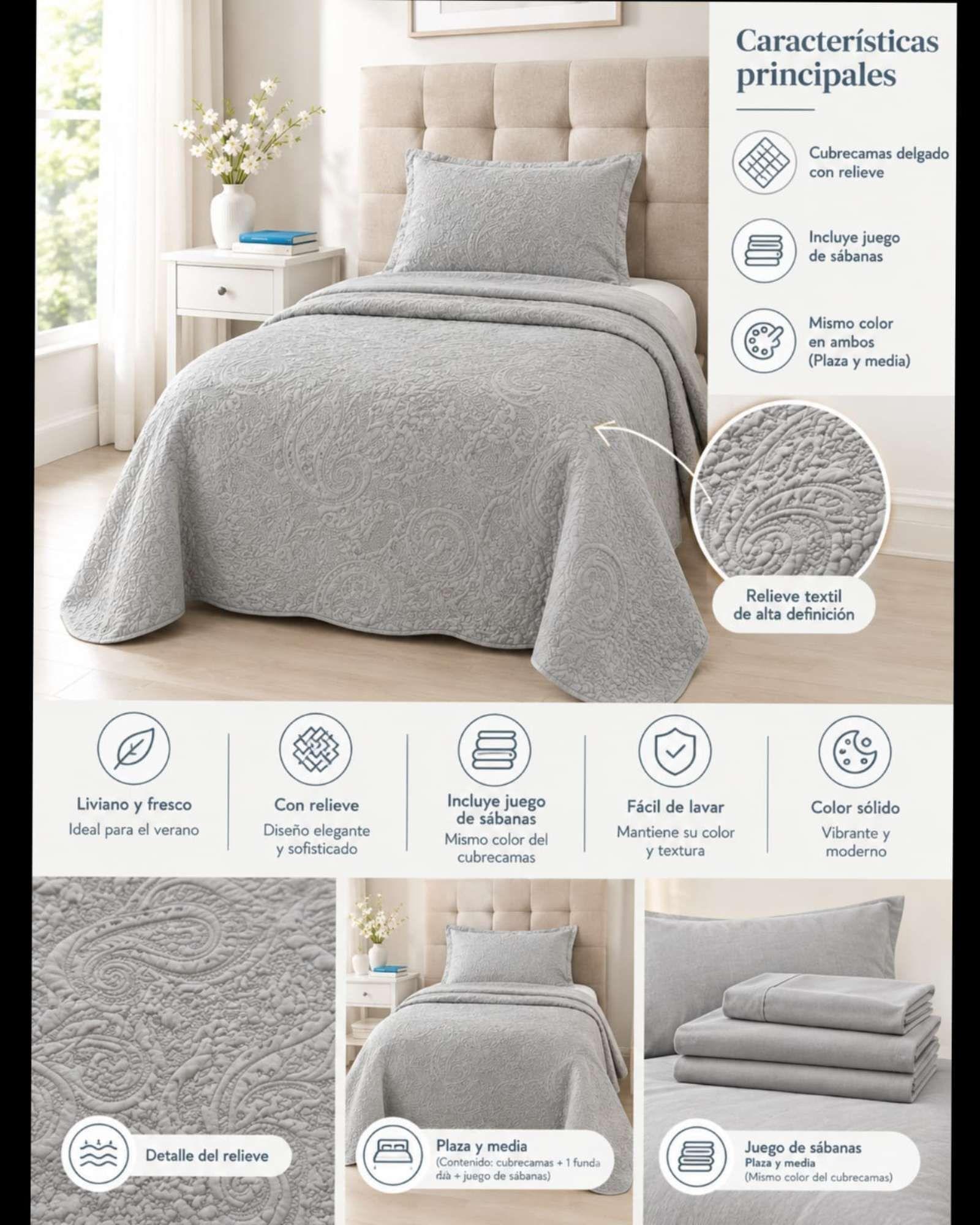 Cubrecama Quilt de Verano Liso 1.5 Plazas con Relieve 01-4