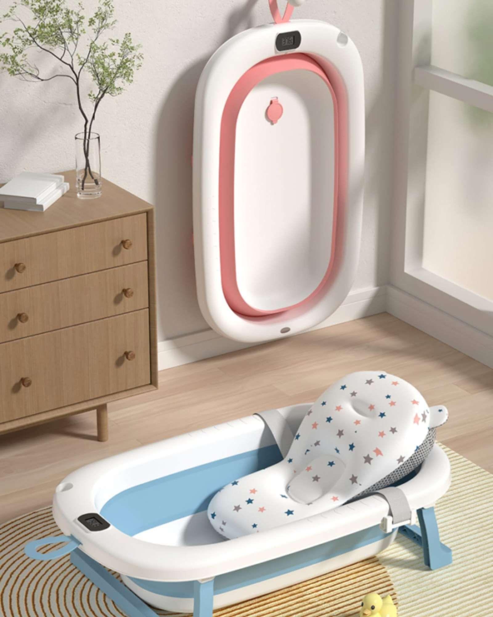 BAÑERA TINA BEBE PLEGABLE PLEGABLE CON TERMOMETRO Y COJÍN AZUL-3