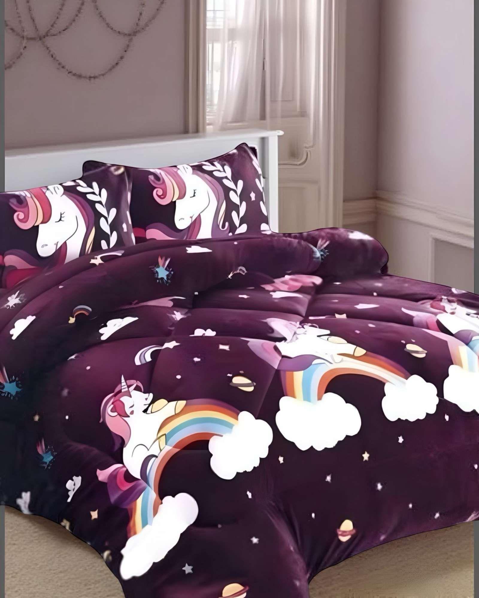 COBERTOR DE INVIERNO DISEÑO UNICORNIO CON ARCOIRIS PLUSH CON CHIPORRO PLAZA Y MEDIA S41-2